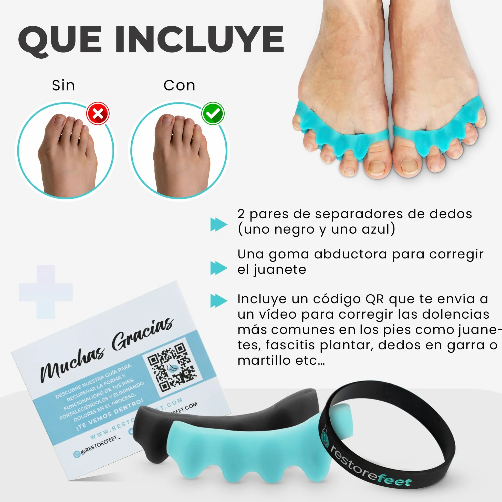 RestoreFeet Separadores de Dedos de los Pies, 2 pares + Banda Anti-Juanetes para Enderezar Dedos Torcidos, 0% BPA