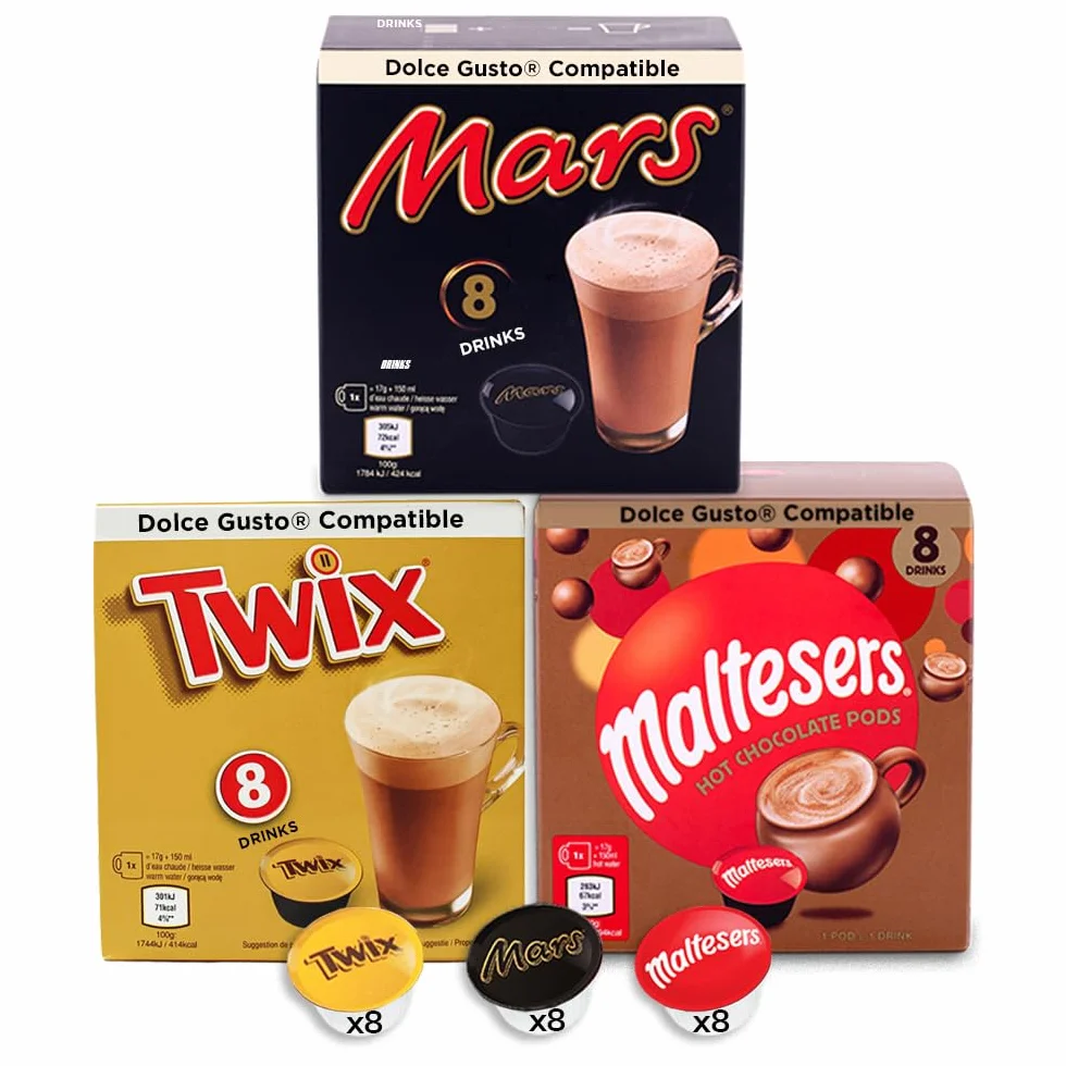 Cafféluxe 24 Dolce Gusto Compatibles Cacao Cápsulas Hot Chocolate Pod Mars Twix Maltesers