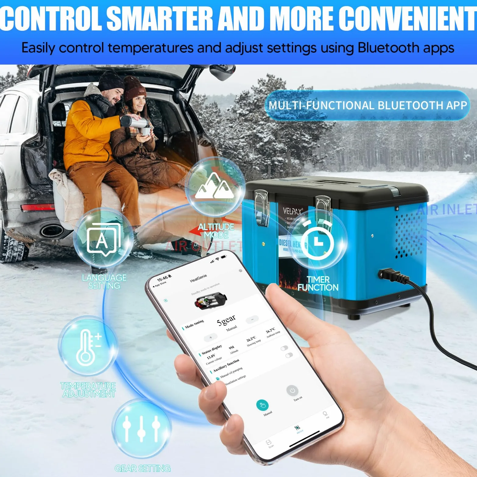 VELPAX Calentador Diésel Portátil Todo en Uno 12 V 24V 220V 8KW,Bluetooth App Calentador de Aire Diesel 0,16-0,52 L/h LCD de Control Remoto,Adecuado para Autocaravanas,Coches,Camiones,Autobuses