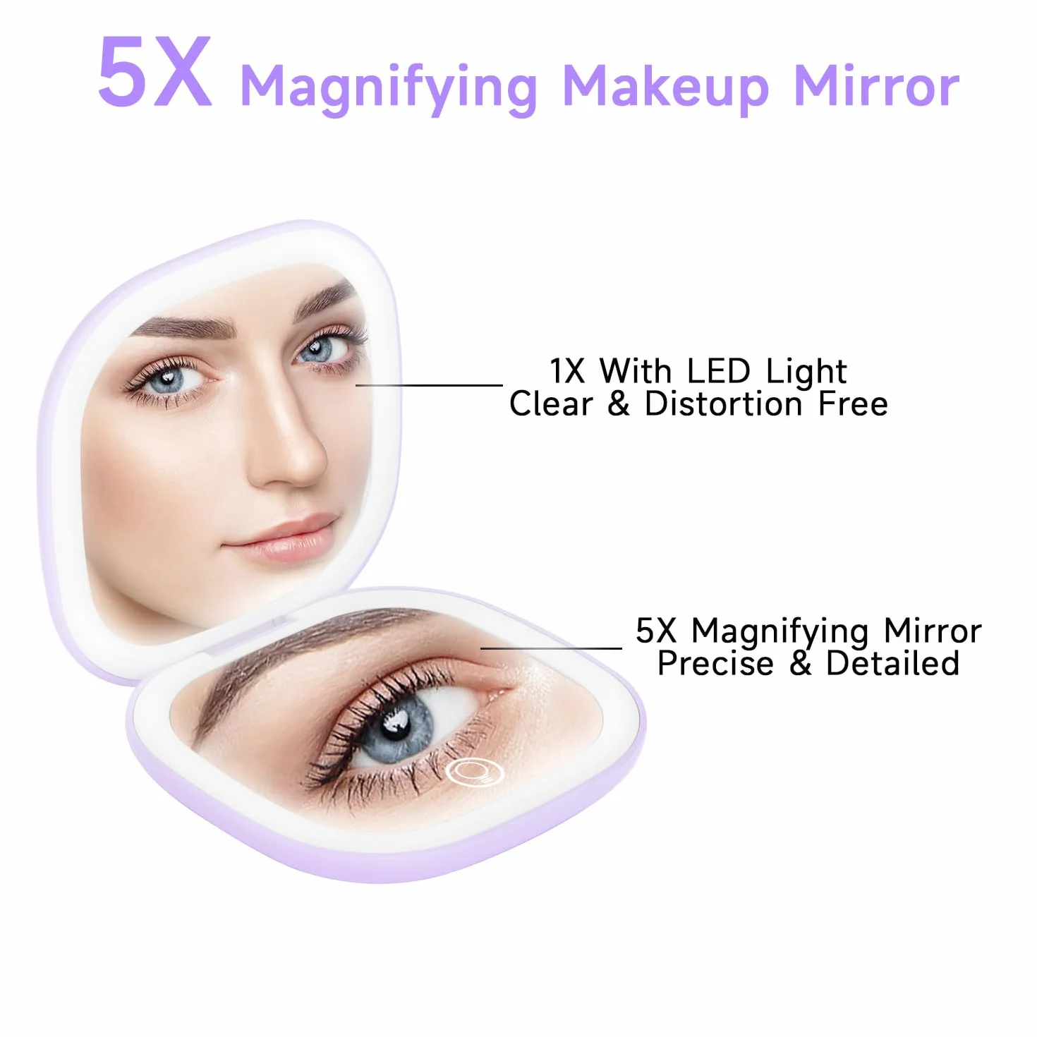 Espejo de Maquillaje Compacto con Luz LED 5X Recargable USB-C 3 Modos de Color Brillo Regulable Táctil