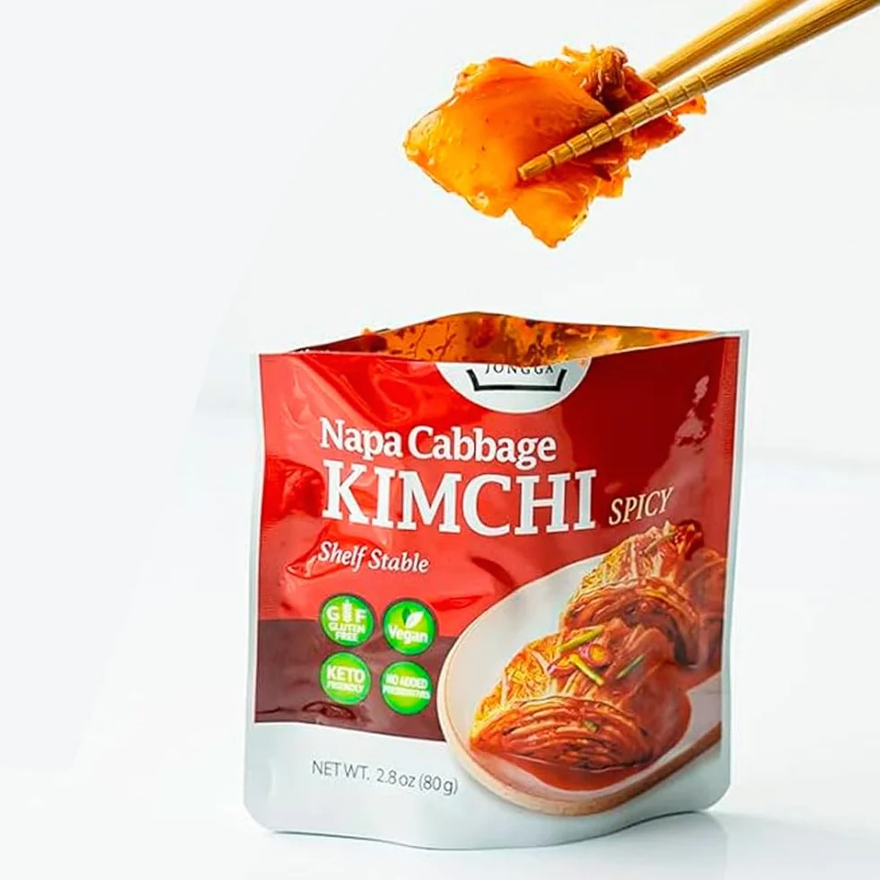 Kimchi coreano fermentado 80 g Pack 3 sobres Col china chile rojo Guarnición picante para ramen arroz noodles vegano sin gluten