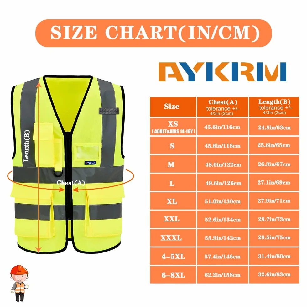 AYKRM Chaleco de Seguridad Reflectante Alta Visibilidad Ropa de Trabajo Multibolsillos 21 Colores