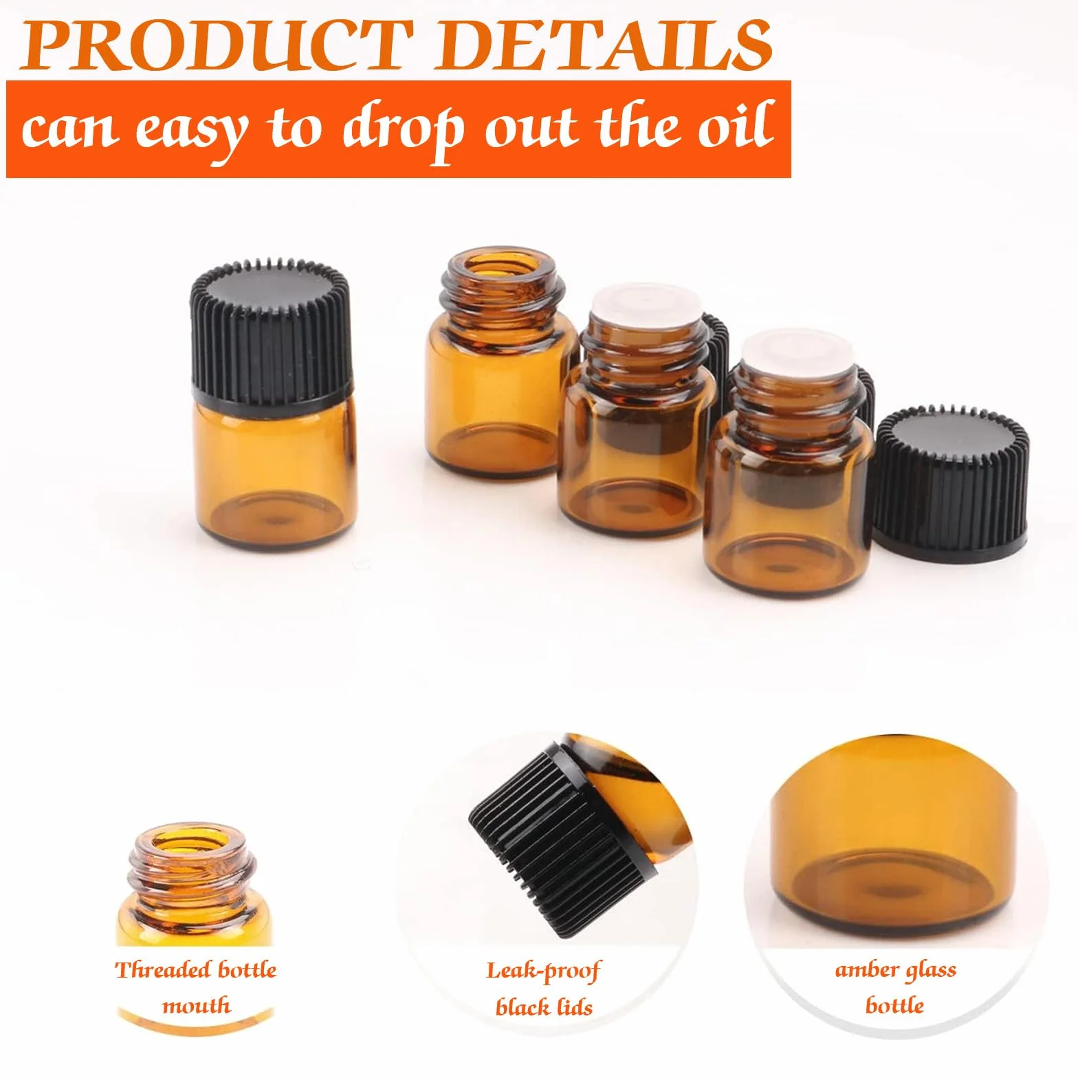 Mini Botellas de Aceite Esencial Vacías de Vidrio Ámbar 1ml, 100 pcs con Pipetas y Embudos
