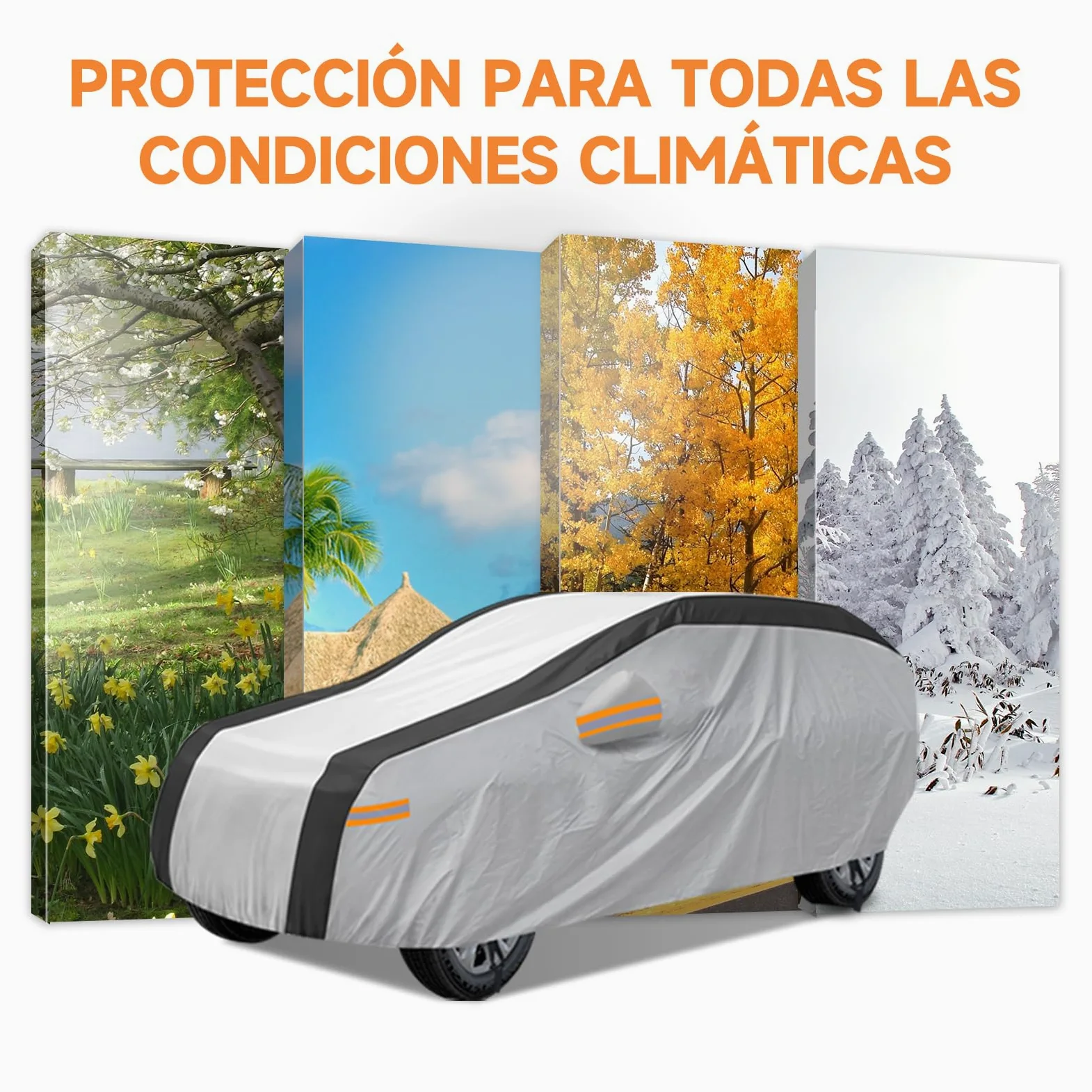NEVERLAND Funda Coche SUV XL Impermeabile 2500PA - Cubierta Exterior 210D Oxford Plata Reflectante Solar Negro Antigranizo con Tiras Naranjas Alta Visibilidad para BMW X5 Mercedes GLE, Audi Q7|510cm