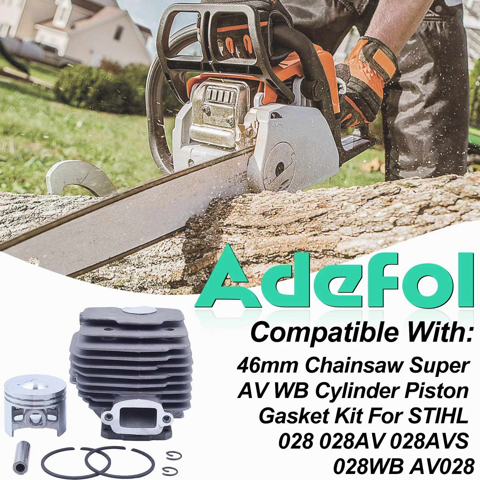 Pistón y Cilindro para STIHL 028 028AV 028WB Motosierra, ADEFOL 46mm Cilindro + Piston + Junta + Bujía + Cojinete Piezas de Repuesto Accesorio 028 AV WB Kit Cilindro 14 en 1