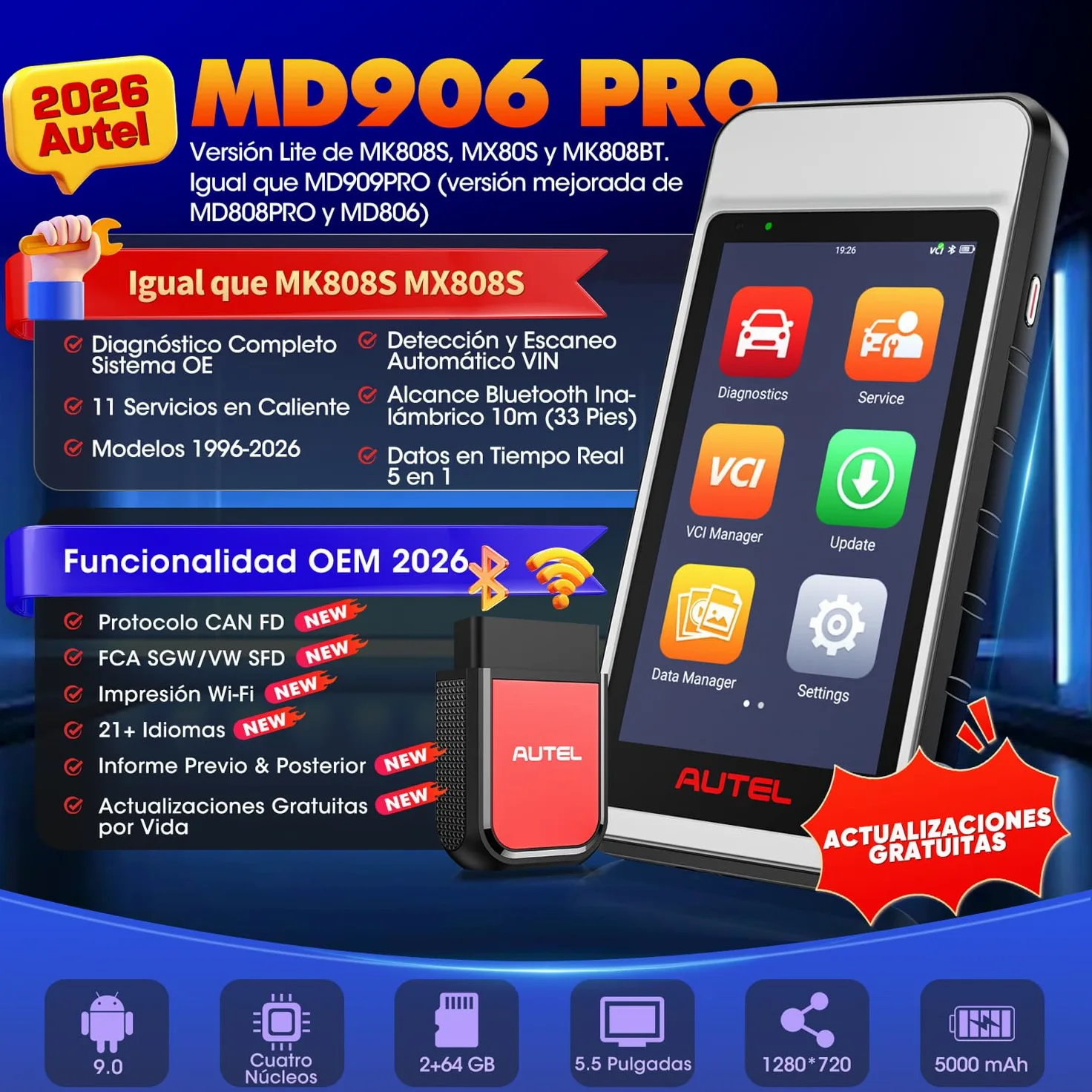 Autel MaxiDIAG MD906 Pro Diagnosis Coche Multimarca, 11 Servicios, Can FD | Sin Suscripción, Escáner para Coches MD906PRO 2026, Bluetooth Lite de MK808S MX808S Maquina Diagnosis Multimarca