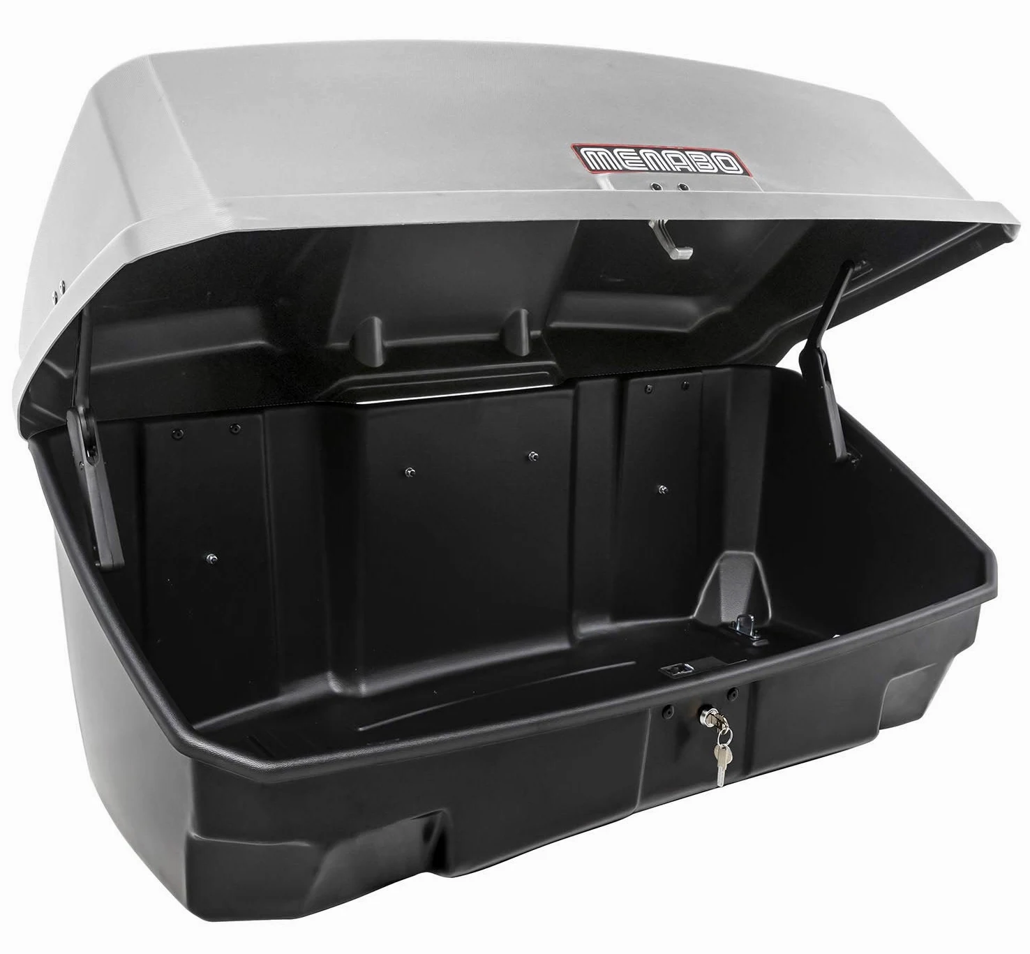 Ménabo Nekkar - Caja de transporte para portabicicletas (300 L, Gris, Dura, Montaje en portaequipajes, Se puede cerrar)
