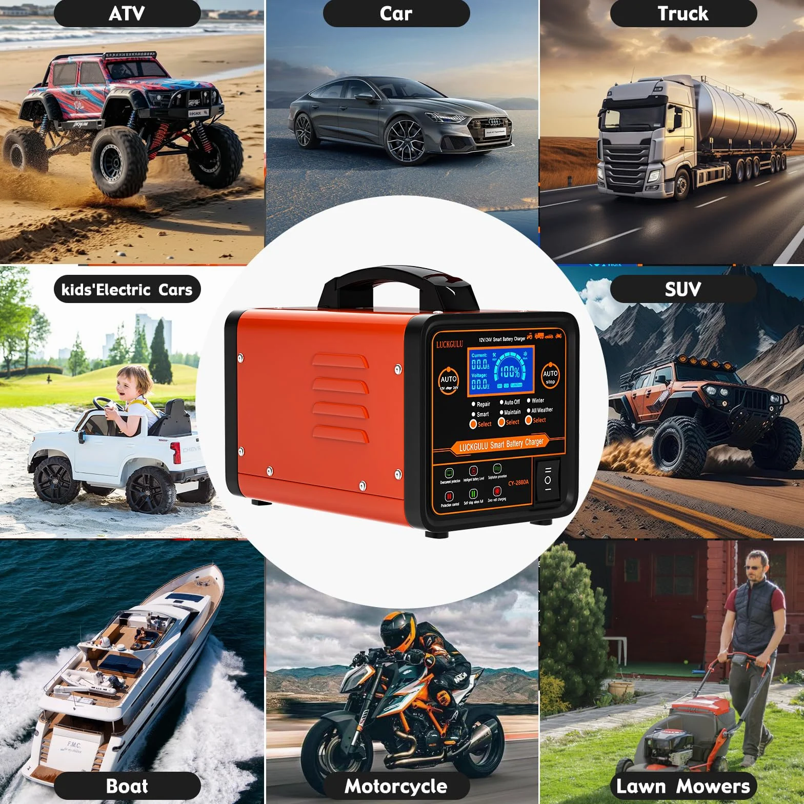 Cargador de batería de coche 12V/24V 20A, equipo automático de carga y mantenimiento de alta resistencia con modo reparación, programa de invierno y parada automática; cargador rápido para coches, cam