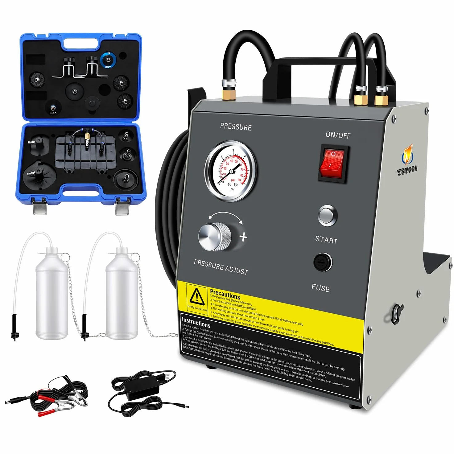 YSTOOL Kit de máquina de purga de freno de pulso eléctrico con 110 V CA y 12 V CC de doble propósito, unidad de purga de embrague, kit adaptador de cilindro maestro, botellas de aceite residual