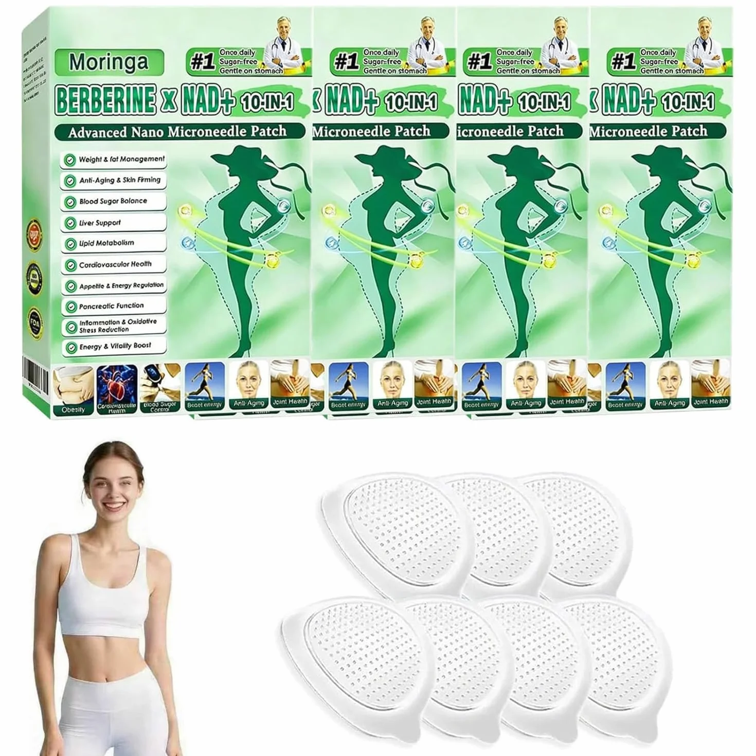 Moringa 10 en 1 Parches con Nano Microaguja y Berberina para Adelgazar, Parche Natural 2026, 4 Cajas