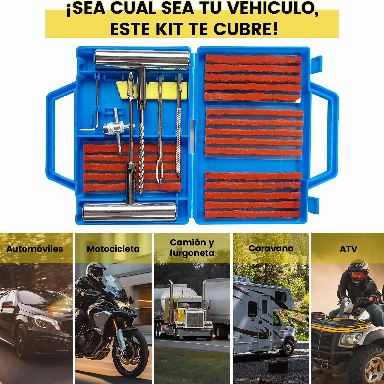 27PCS Kit Repara Pinchazos para Coche/Moto/Caravana, Kit antipinchazos neumático, Arreglar pinchazos en 3 Minutos, Mechas + Accesorios completos, Compacto para Maletero, Fácil Uso sin Experiencia