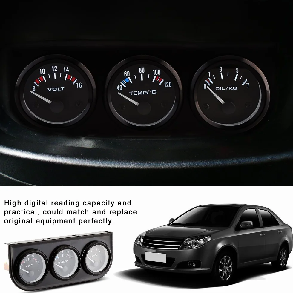 Qiilu 52mm 3 en 1 Voltímetro Sensor Temperatura Agua Presión Aceite Coche Camión