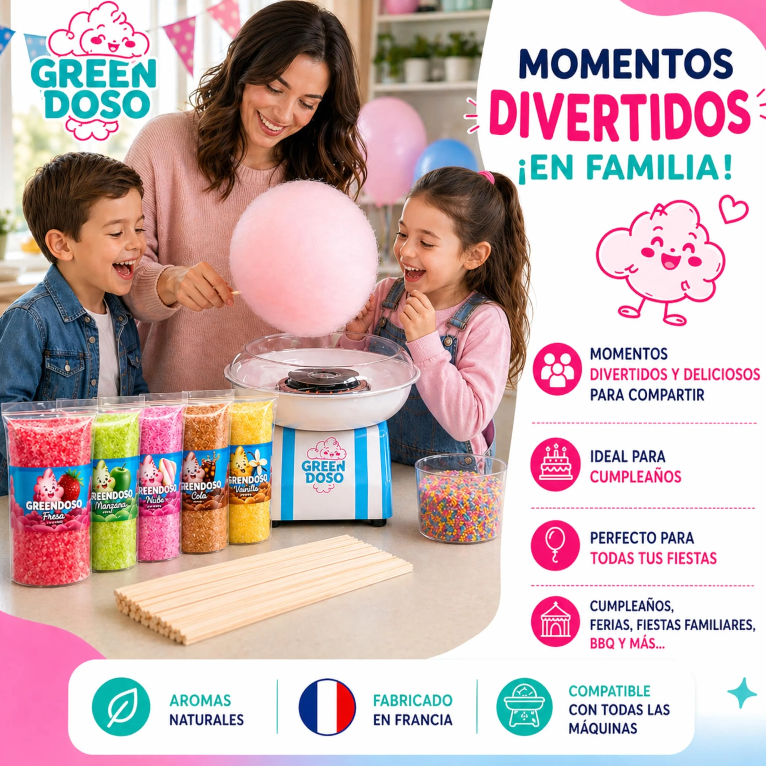 Greendoso Azúcar para Algodón de Azúcar (5x160 g) Fresa Cola Manzana Malvavisco Vainilla Aromas Naturales 20 Palitos 8 Caritas Comestibles