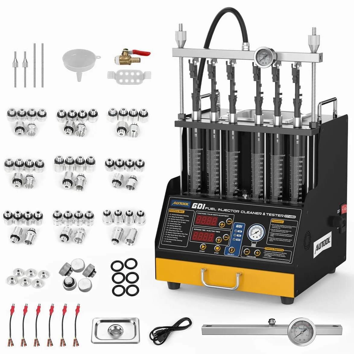 AUTOOL CT450 Probador de Inyector Combustible y La Máquina Limpieza, Limpia Inyectores Gasolina GDI, EFI, FSI Limpiador Ultrasónico de Inyección, Limpieza con Calor, 6 Cilindros, 220V
