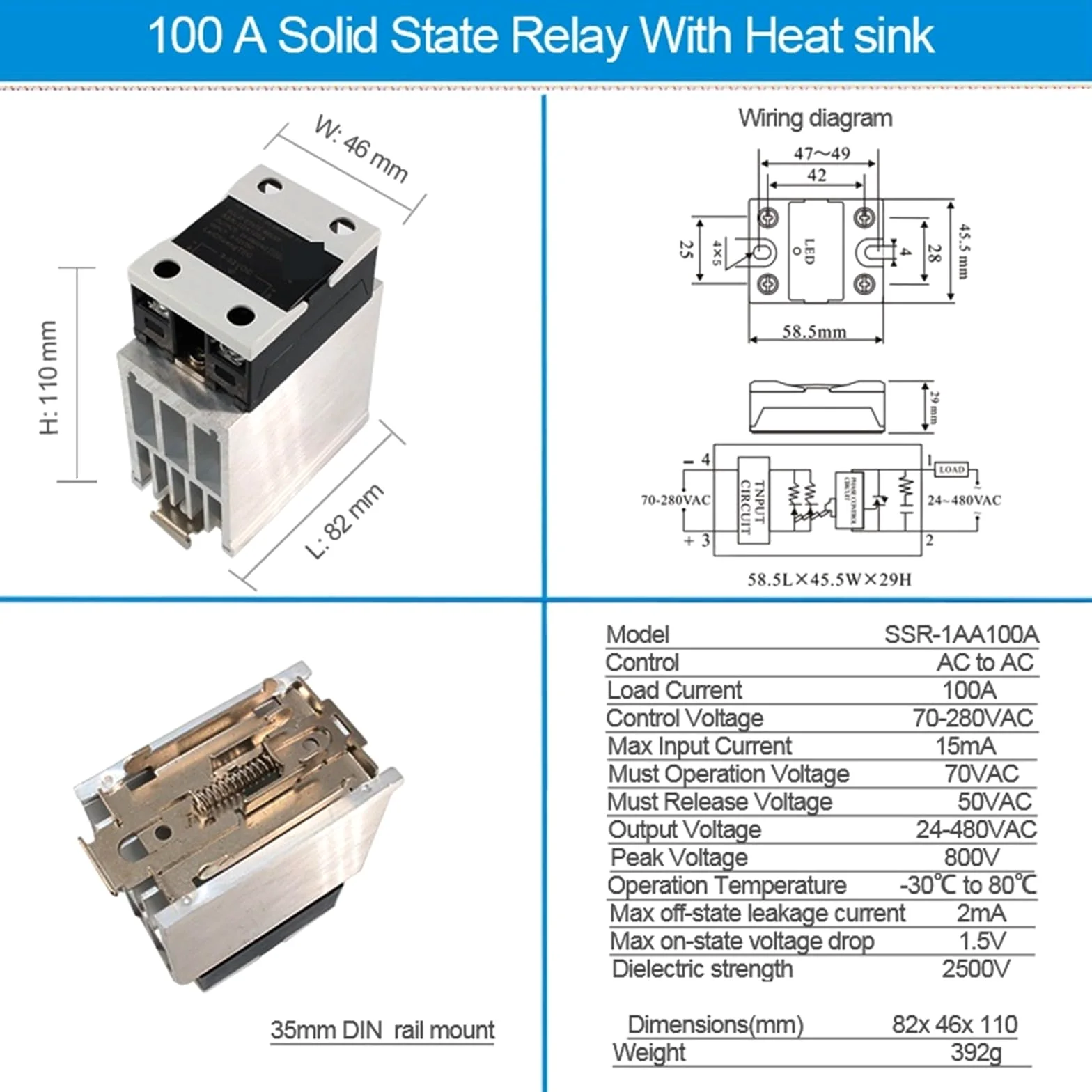 1 Uds AC a AC 10A 25A 40A 60A 80A 100A 120A SSR con disipador de calor relé de estado sólido relé Industrial montado en Riel DIN(AC-AC 60A)
