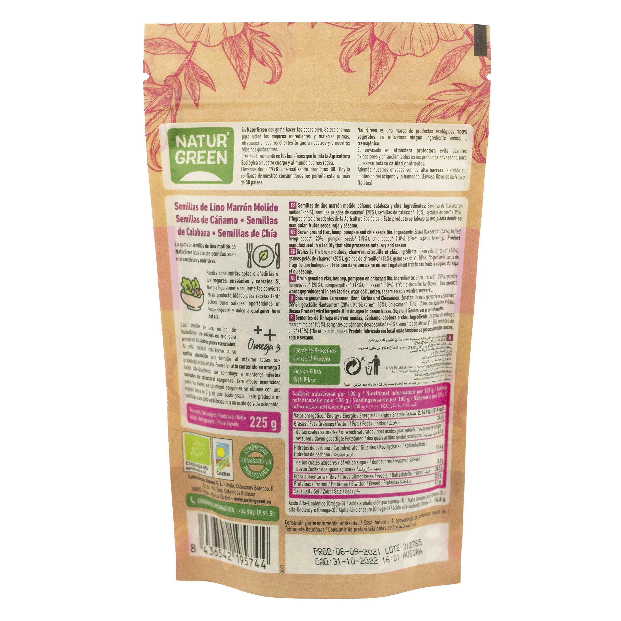 NaturGreen Semillas de Lino Cáñamo Calabaza y Chía Molidas en Frío Omega 3 Ecológico 225 g
