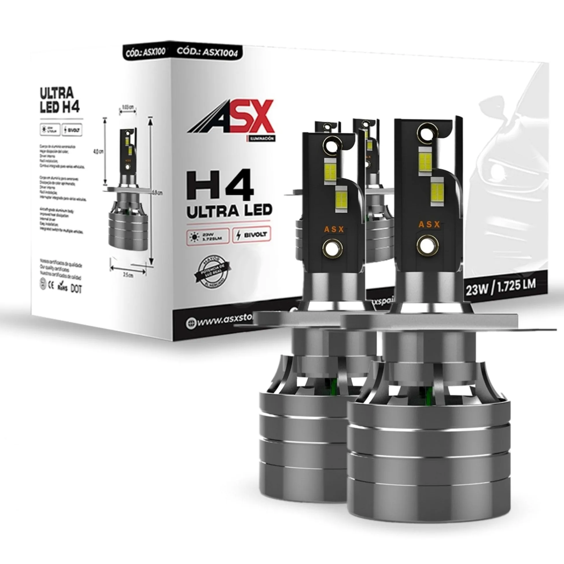 ASX Iluminación Ultra LED Off Road, 23W, 1725 Lúmenes Reales, Lámpara de Faros Delanteros 12-70V. Bombillas LED Luz Blanca 6000K Chip CSP, Conversión Faros Led, IP68, Pack 2 (H4)
