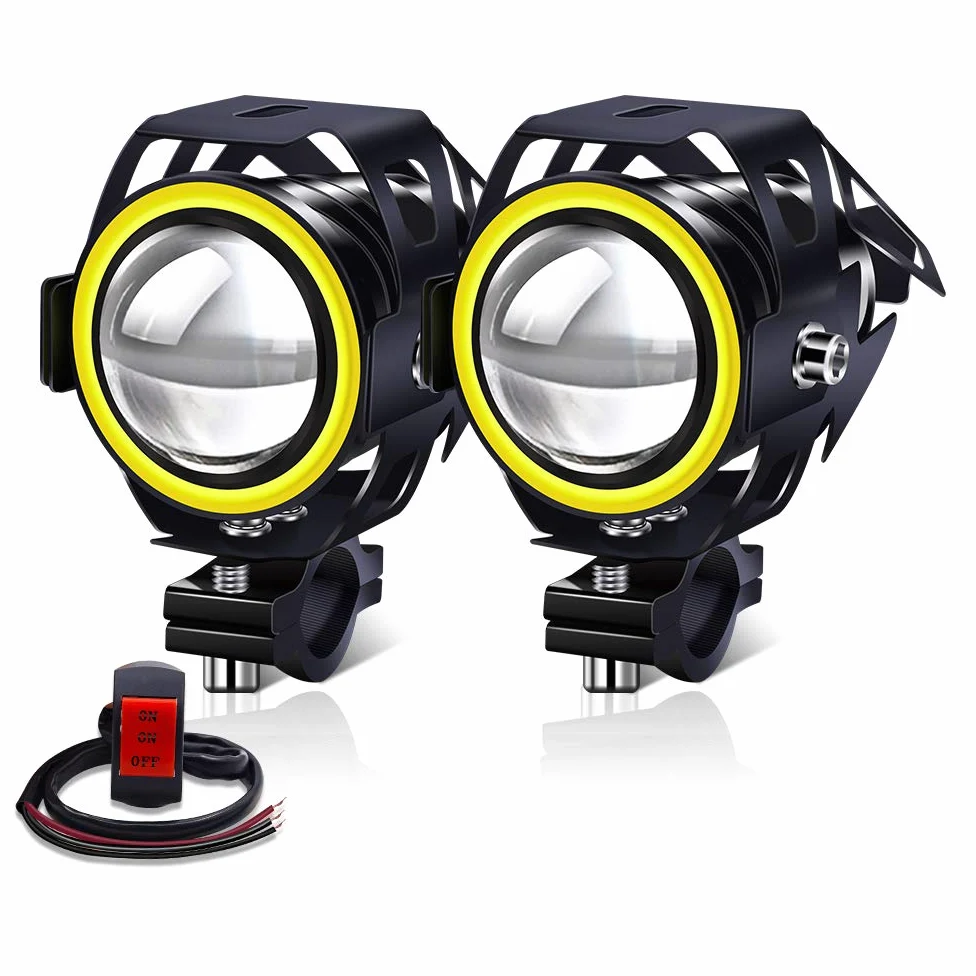 2 piezas U7 luz antiniebla de conducción de motocicleta con halo ámbar, impermeable para motocicleta auxiliar DRL faros delanteros LED con interruptor de 3 cables 12V 24V para moto quad scooter