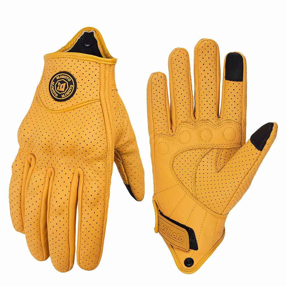 Guantes de Moto Clásicos Amarillos de Piel de Cabra con Agujero, para Verano, Ciclismo, Equitación, Guantes Protectores para Motociclistas