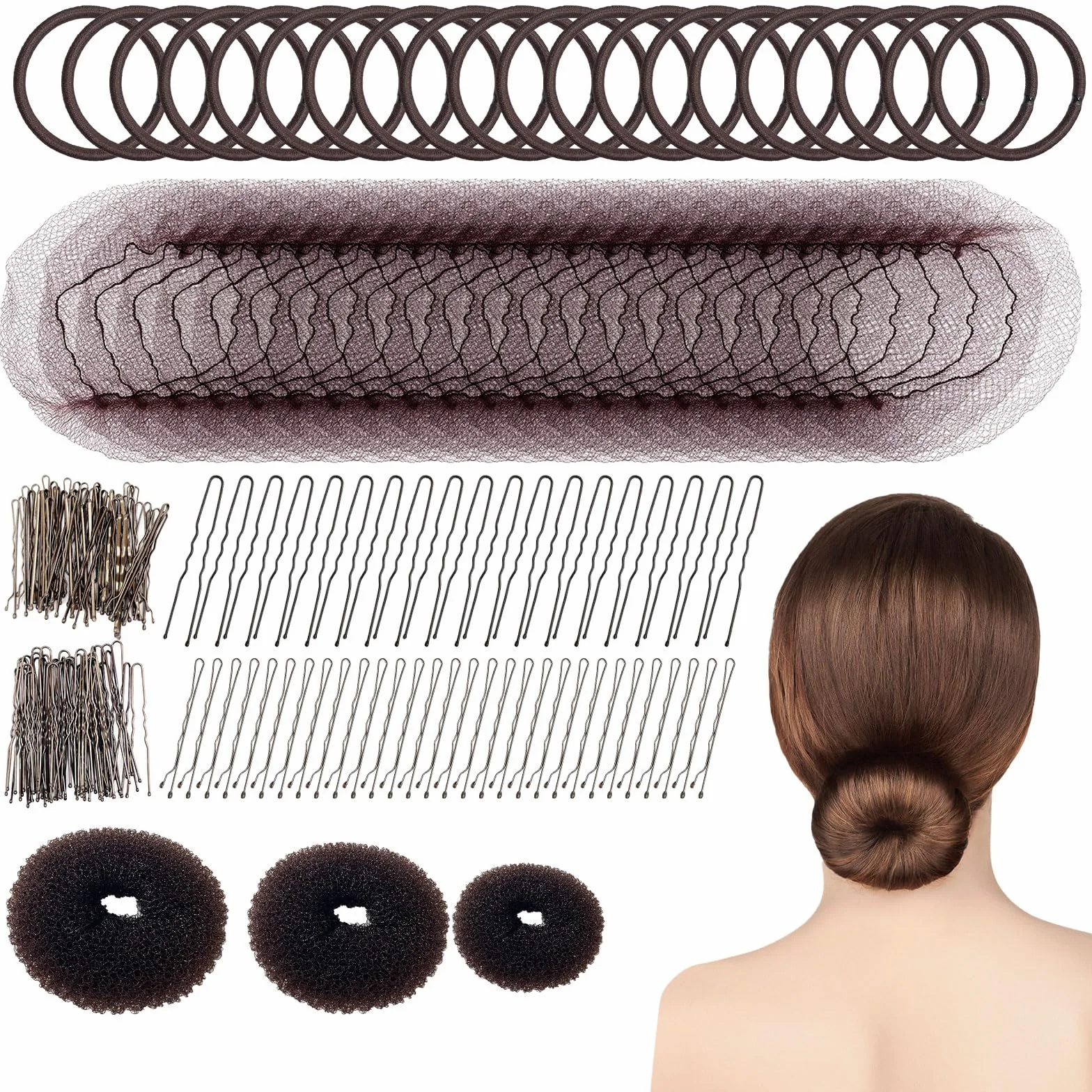 183 Piezas Juego de Hacer Moño 3 Donuts para el Pelo, Accesorios de Peinado para Bailarina de Ballet, Marrón