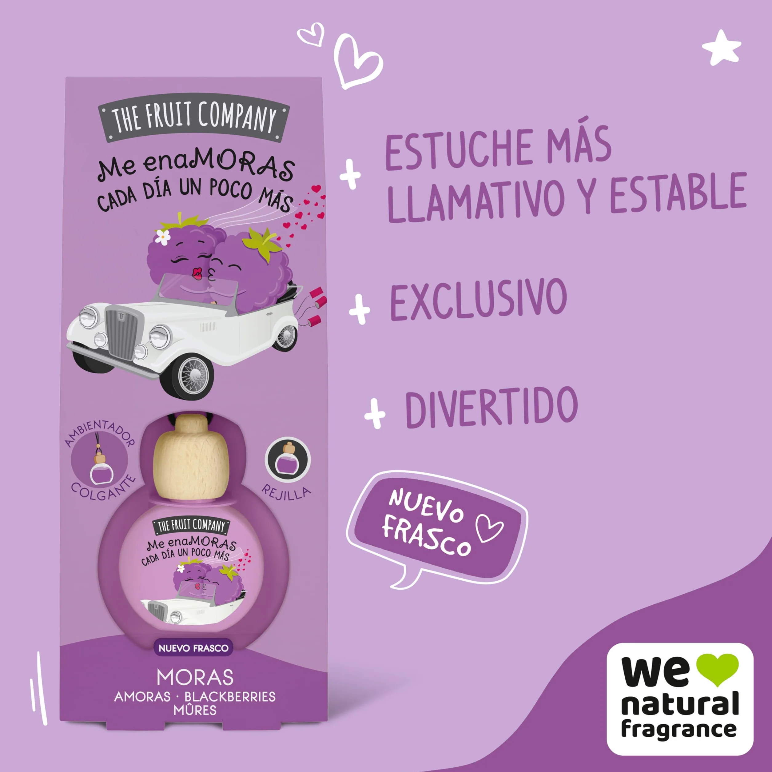 The Fruit Company - Ambientador de coche con Absorbe olores, aroma frutal MORAS, Pack de 4 unidades