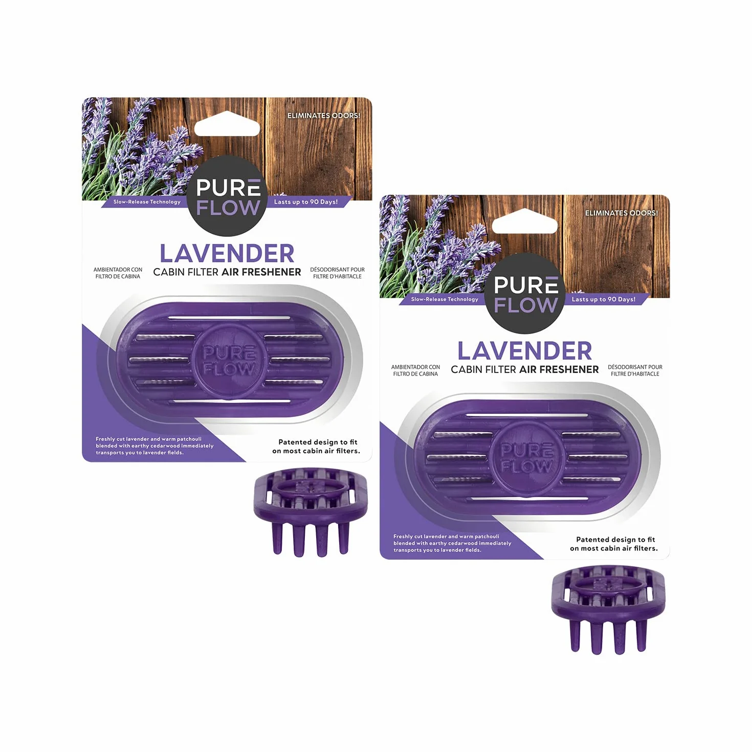 Pureflow Ambientador con filtro de cabina con eliminador de olores, se adapta a la mayoría de filtros de aire de cabina de automóviles, camiones y SUV, lavanda (paquete de 2)