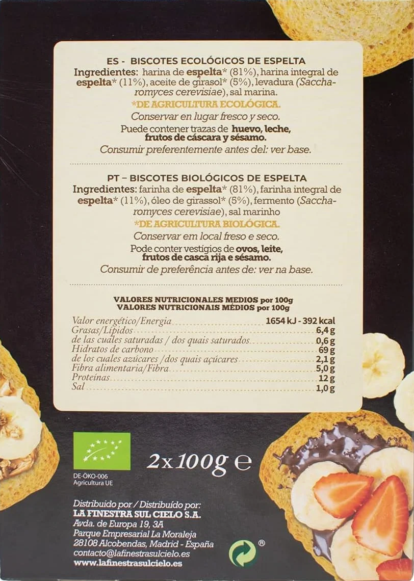 Biscotes de Espelta Bio La Finestra Sul Cielo 200 g 2 Paquetes Tostadas Ecológicas
