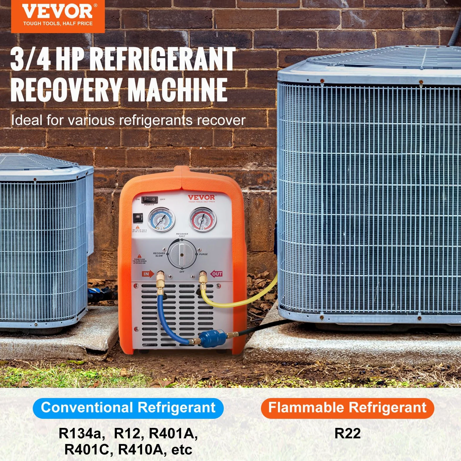 VEVOR Máquina de Recuperación de Refrigerante Portátil 3/4 HP Máquina de Recuperación con Protección de Alta Presión 2,2 kg/min Velocidad de 1450 RPM Autolimpieza para Vapor Líquido Refrigerante