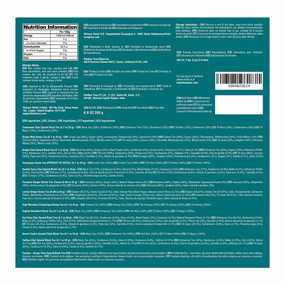 VAHDAM Caja De Regalo Surtida De Té Bloom 12 Tés Sueltos Té Negro Hierbas Oolong Verde Chai