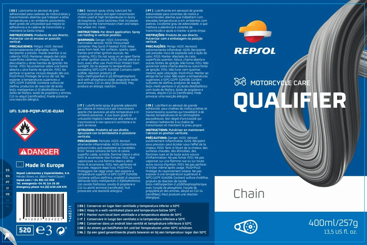 REPSOL lubricante en aerosol para cadena de moto QUALIFIER CHAIN 400ml
