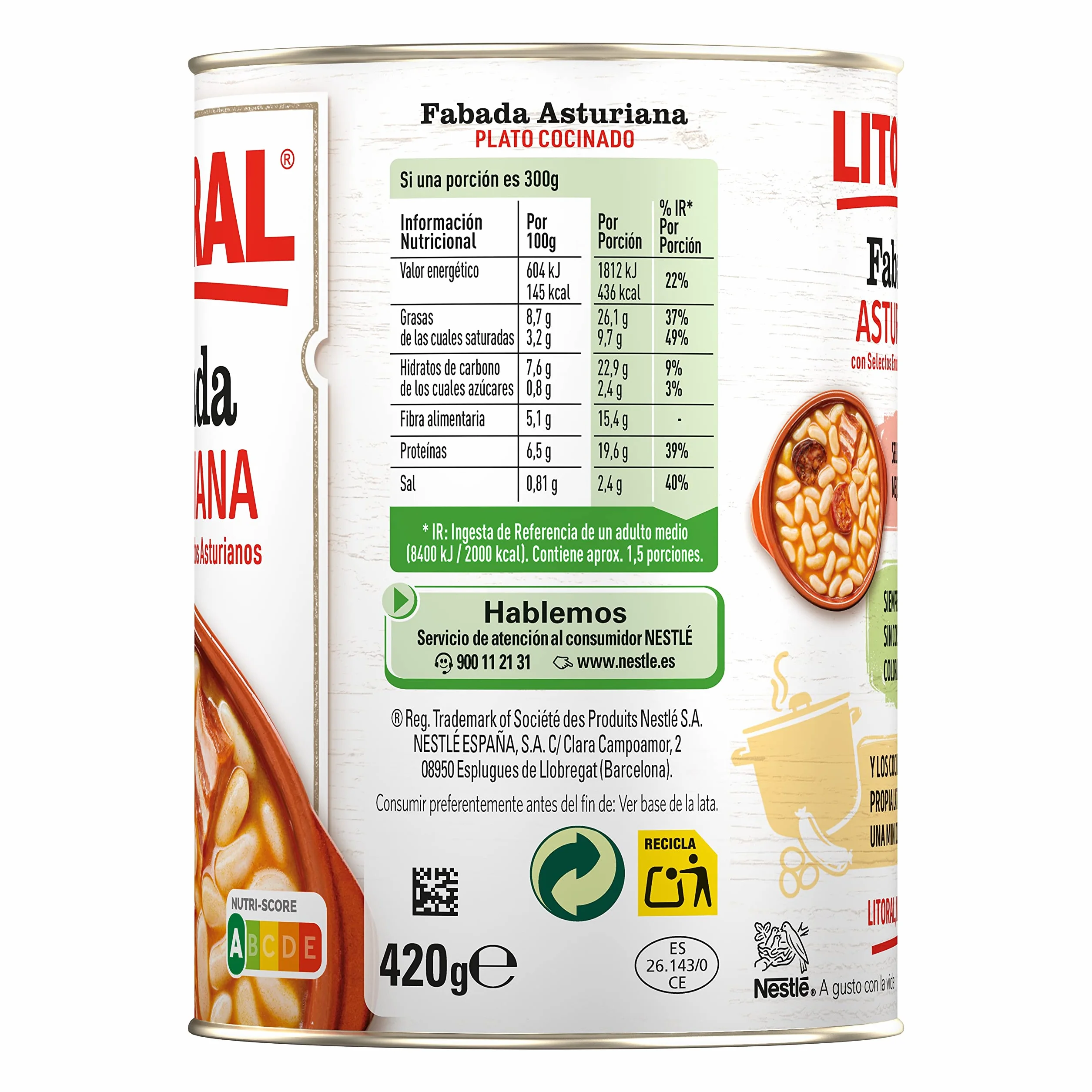 LITORAL Fabada Asturiana Plato Preparado Sin Gluten Pack 6x420 g