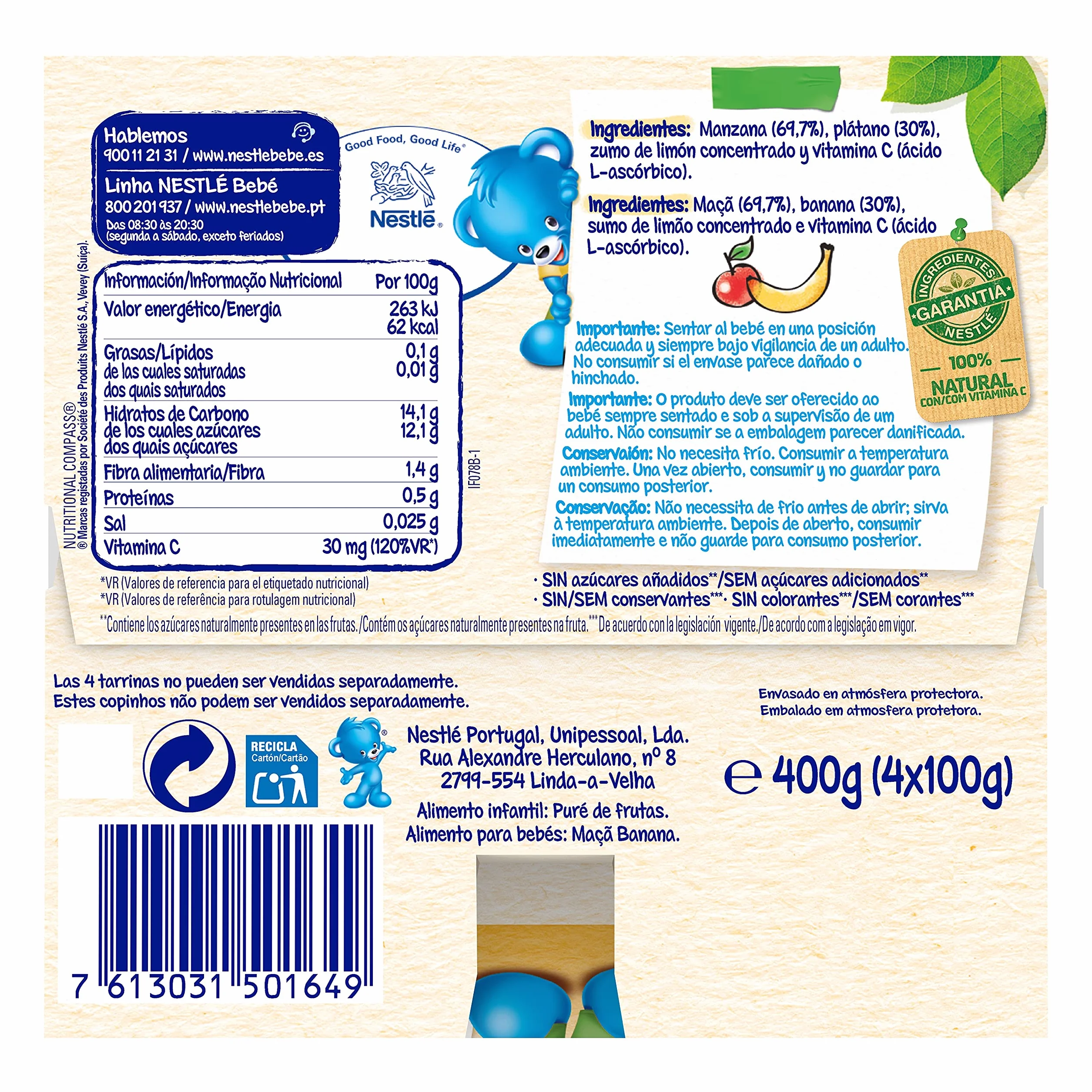 NESTLE Puré Manzana Plátano, desde 4 meses, Pack de 6 (4x100g)