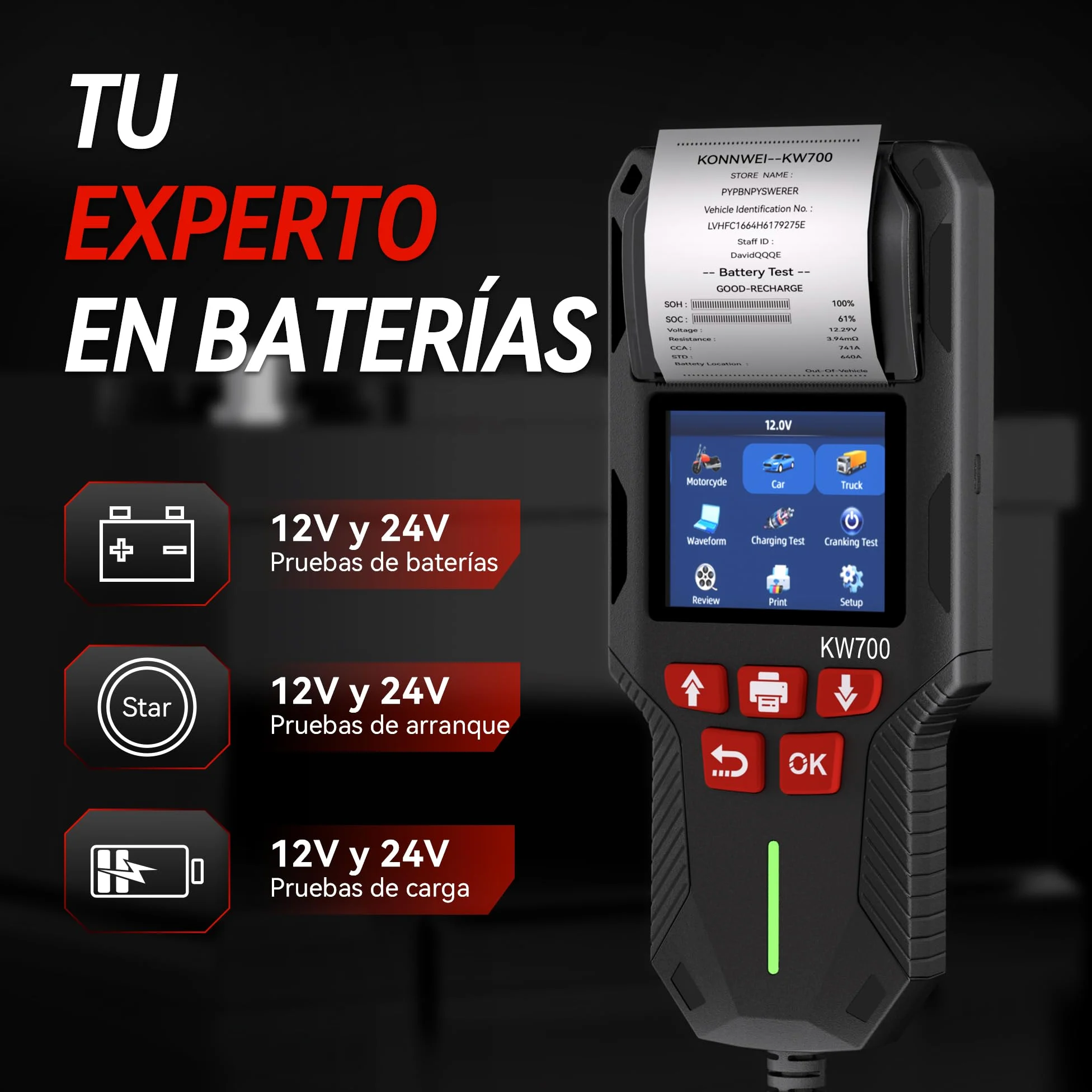KONNWEI Comprobador de batería de coche con impresora 12V 24V 100-2000 CCA analizador de batería