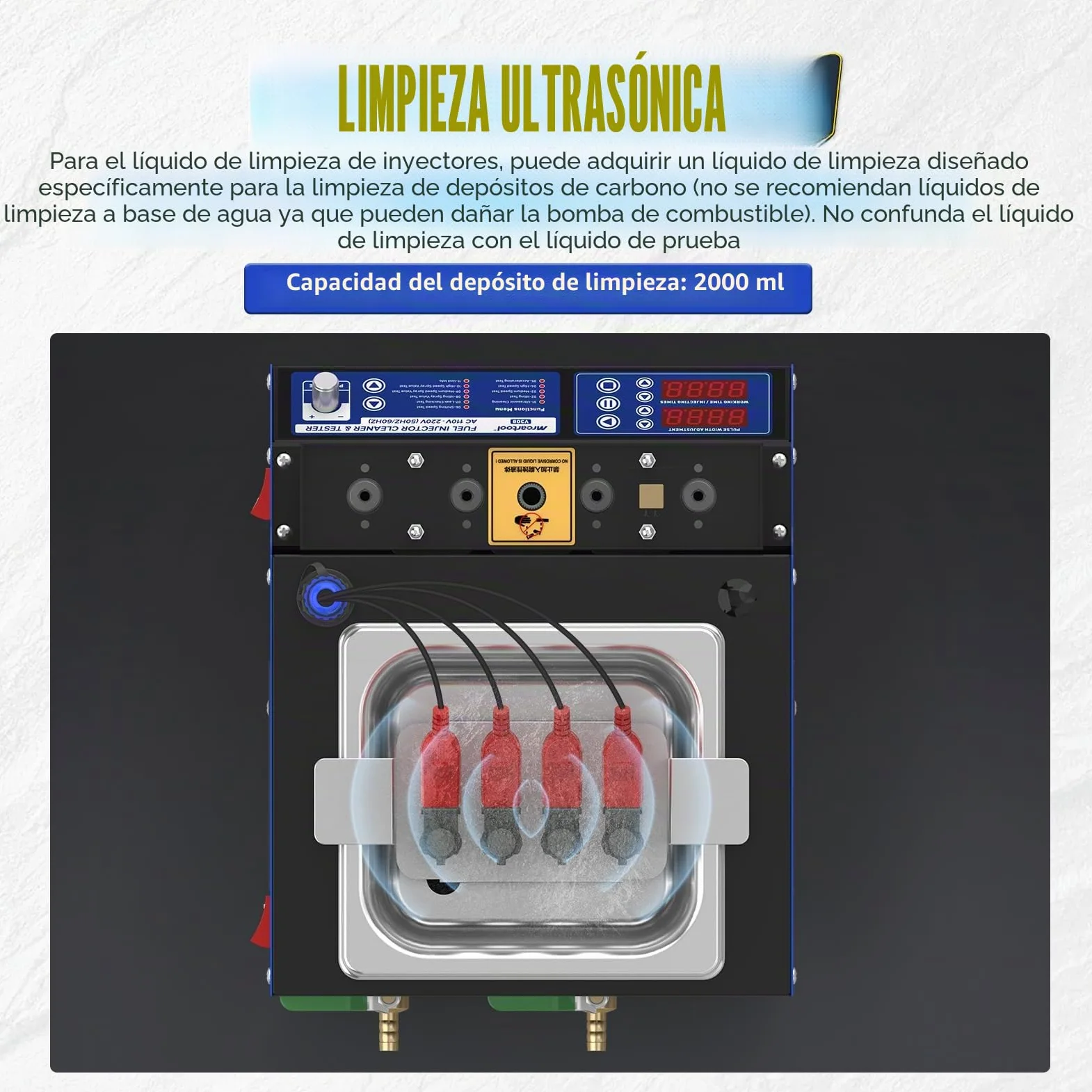 Limpiador y probador de inyectores ultrasónicos con Calentamiento 45℃, 4 Cilindros, Coches, Motocicletas, combustibles comunes, eliminación efectiva de Carbono y Prueba de Funcionamiento