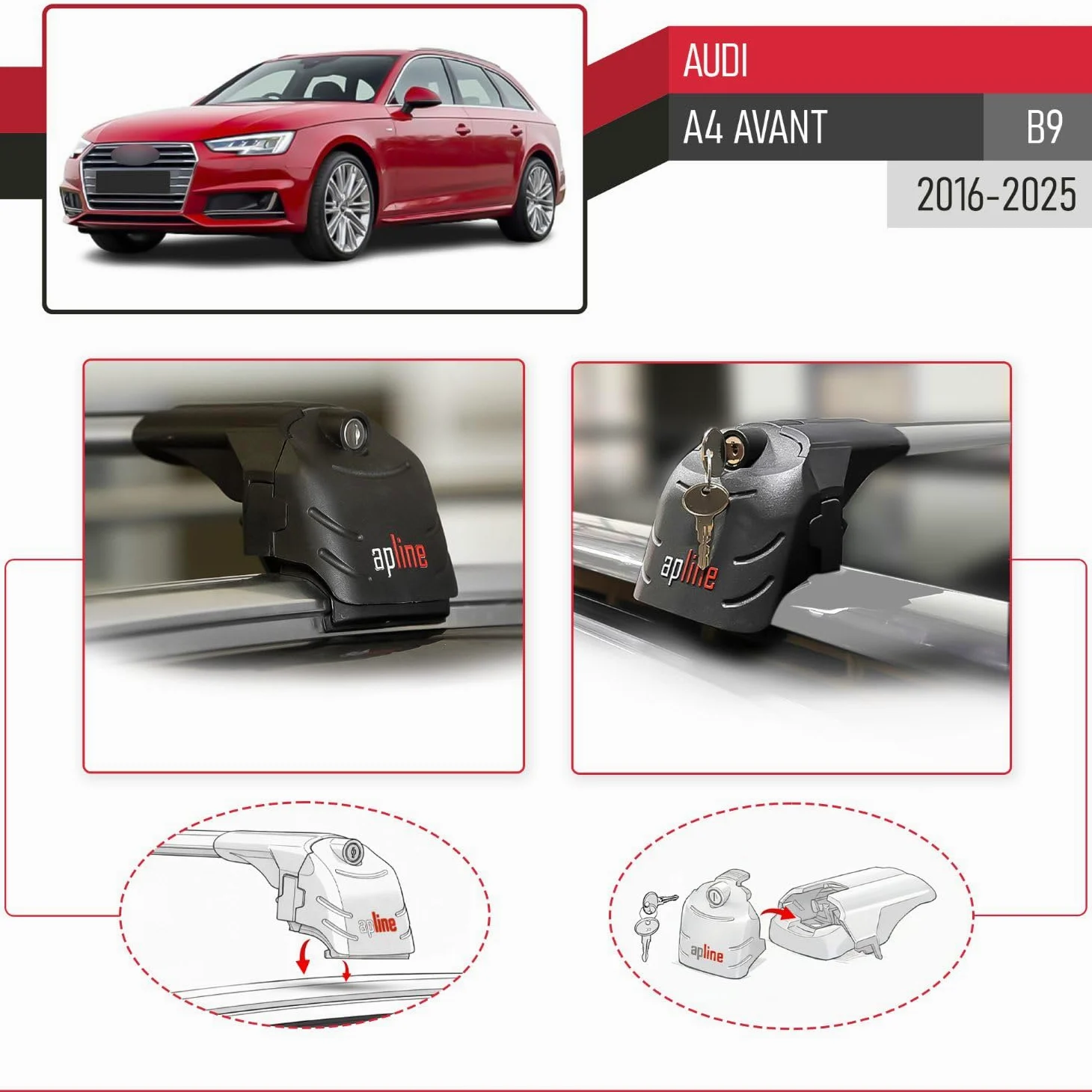 Compatible con Audi A4 (B9) Avant 2016-2025 Modelo Ace-2 Barra de Techo Auto Portaequipajes Barras Transversales Gris Aluminio 2 Barras