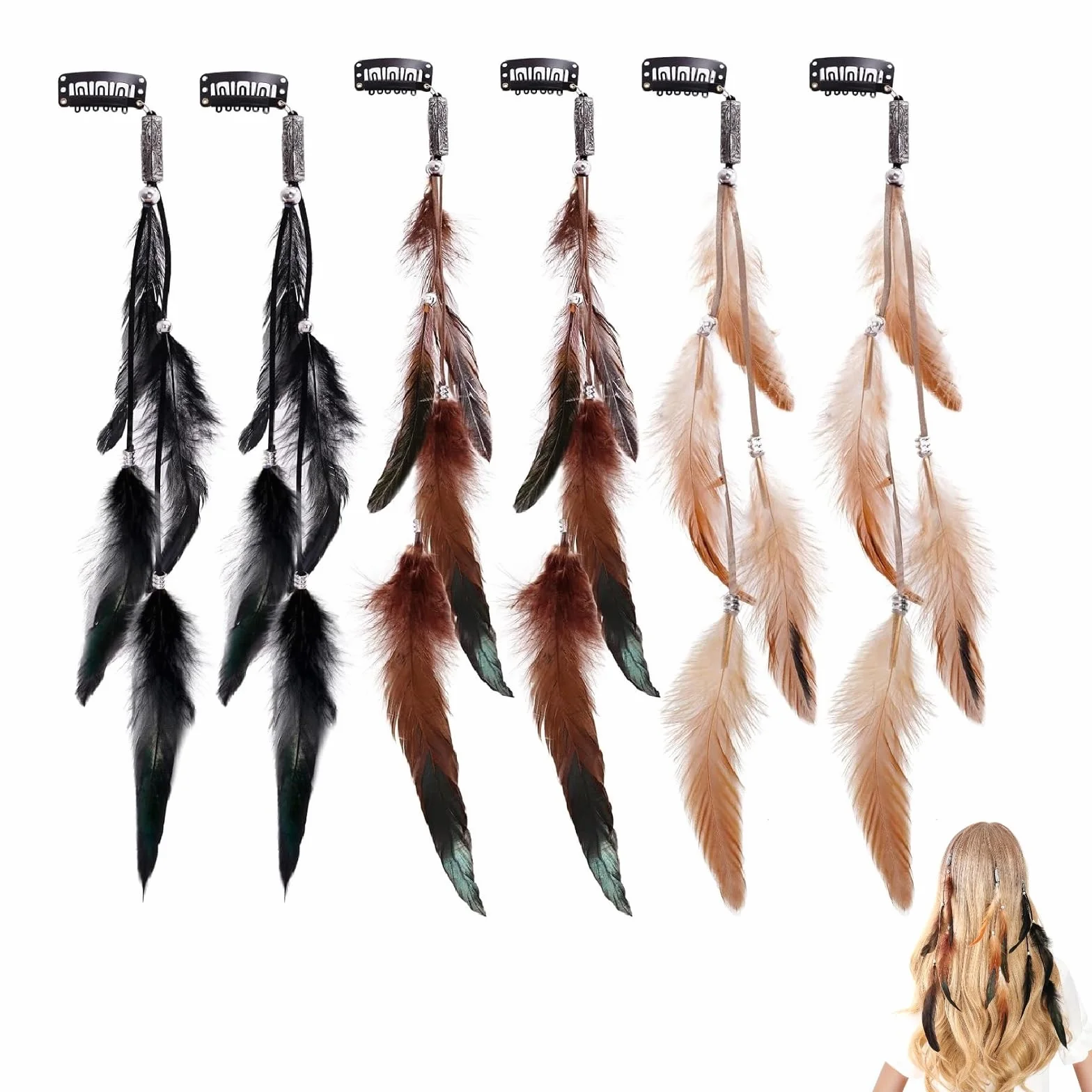 Boho Hippie Clips Cabello Plumas, 6PCS Mujer Pluma Extensiones, Accesorios Festival Halloween