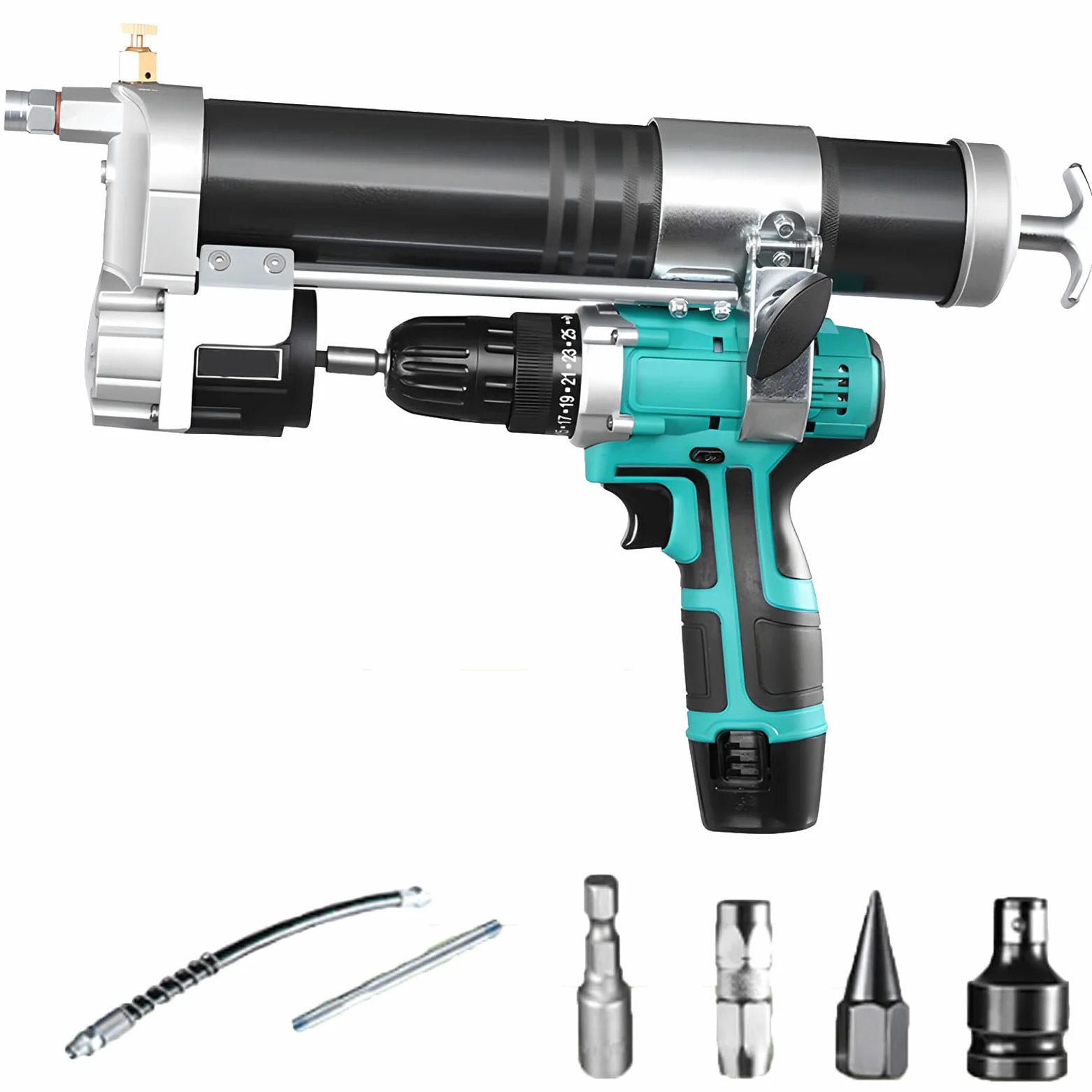 Pistola de engrase eléctrica, conexión de Boquilla de Grasa, engrasadora eléctrica inalámbrica de Alta presión, Compatible con Todo Tipo de taladros manuales.
