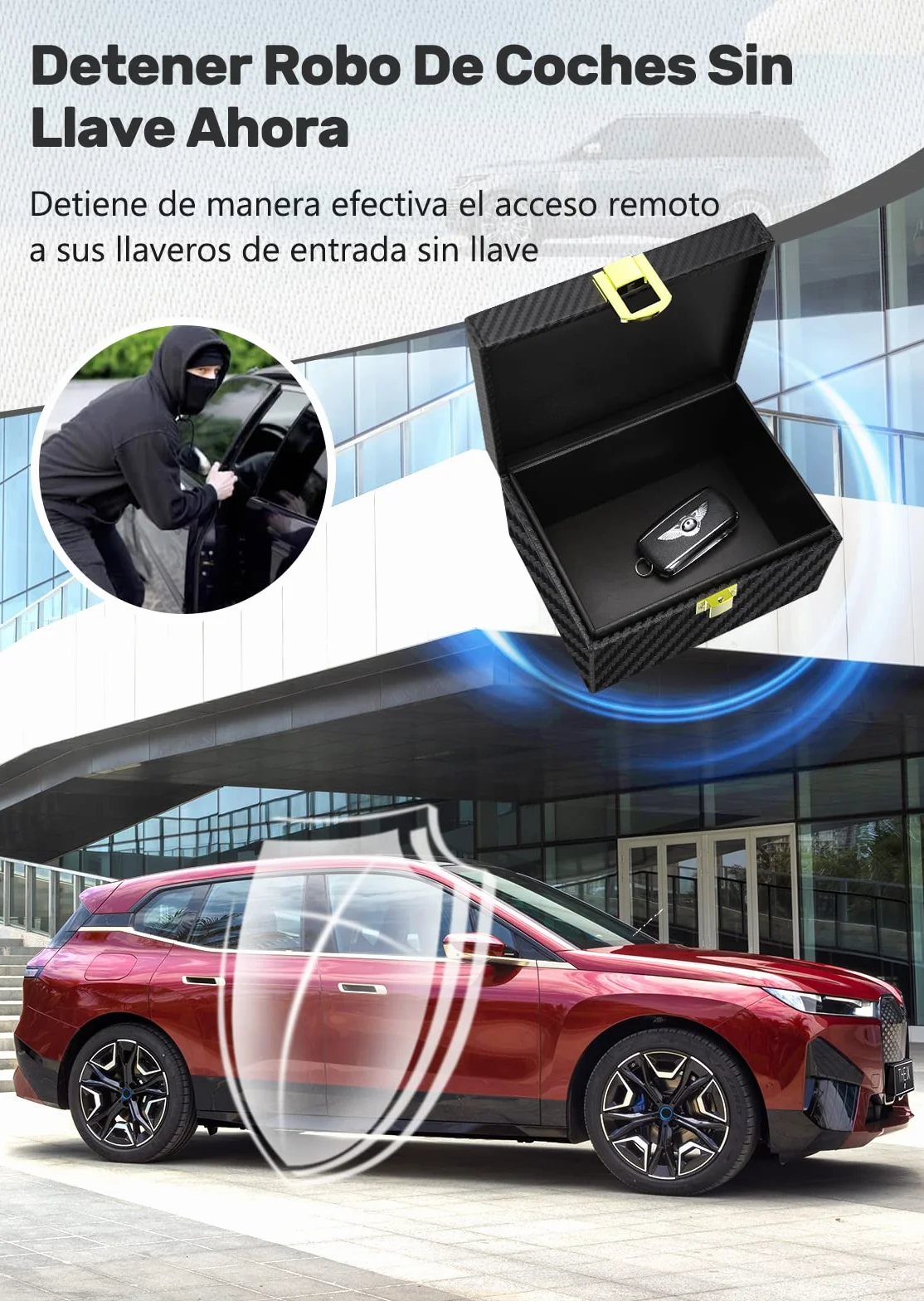 Caja Faraday Antirrobo & 2 funda Faraday para Llaves de Coche, Bloqueadora de RFID Bloqueo Señal Llaves Keyless en Cuero Fibra de Carbon Negro