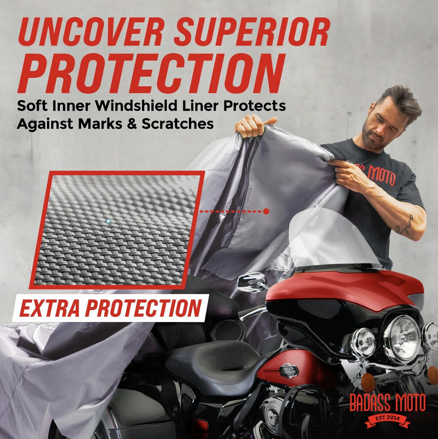 Badass Moto Ultimate - Funda impermeable para motocicleta, fundas de motocicleta para almacenamiento al aire libre para Harleys, bicicleta de calle o deportiva, costuras selladas, forro de parabrisas