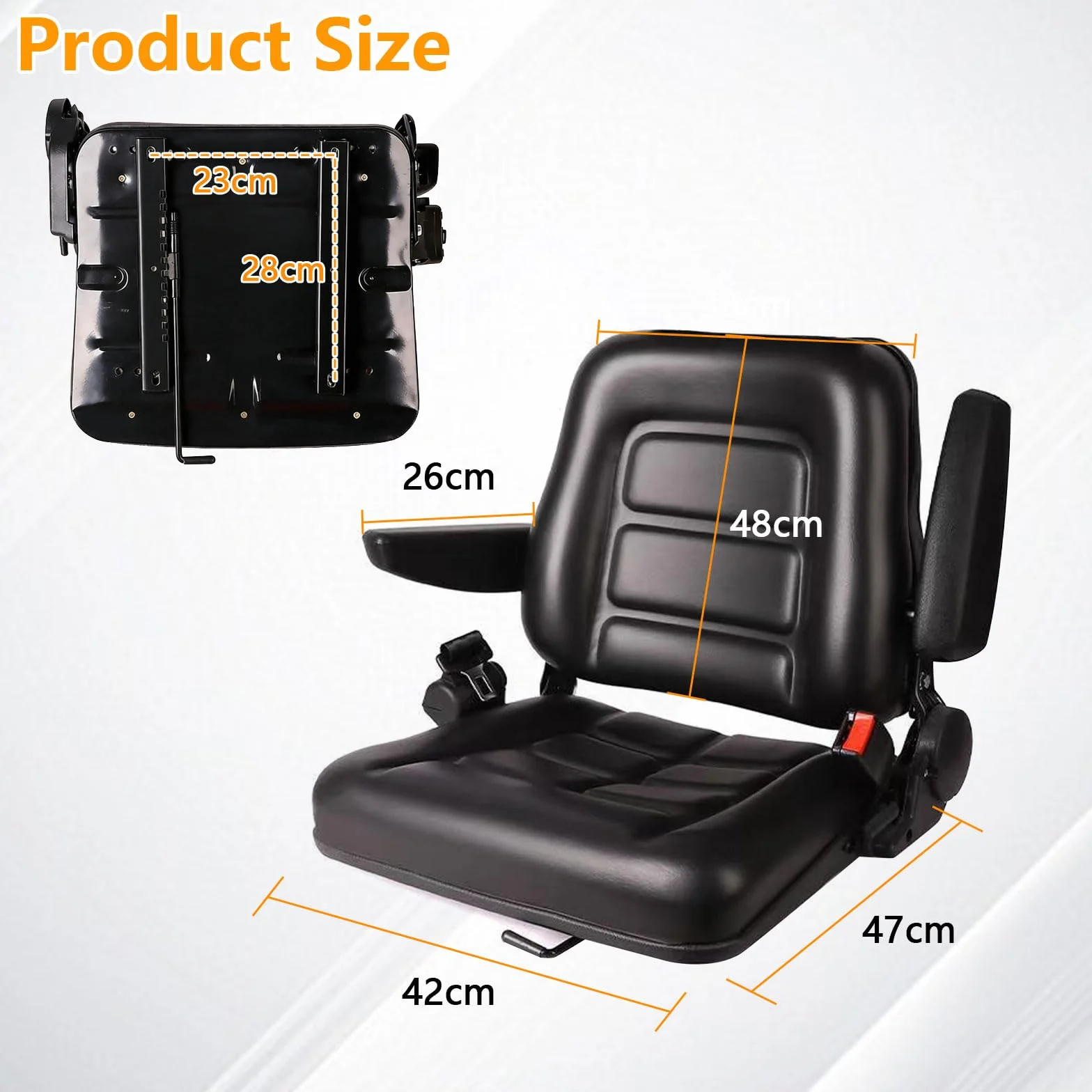 Asiento universal para montacargas, asiento de tractor con respaldo ajustable de 35°–180°, guía deslizante, apoyabrazos plegables y desmontables, cinturón de seguridad retráctil para montacargas