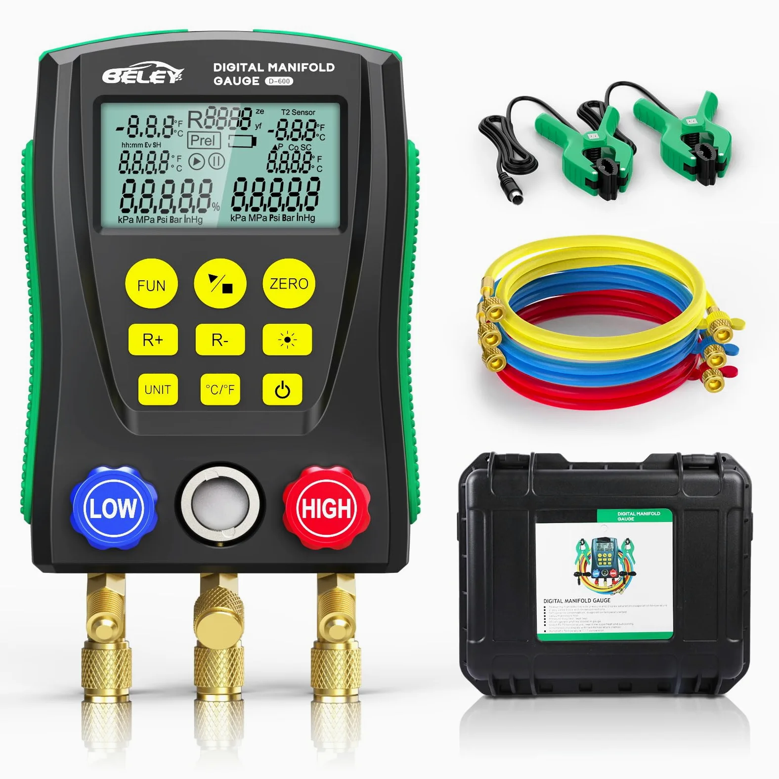 Manómetro Digital para Aire Acondicionado Kit HVAC con Base Datos 93 Refrigerantes, 150cm Mangueras de Refrigerante y Clips de Temperatura para Mantenimiento de Aires Acondicionados y Frigoríficos