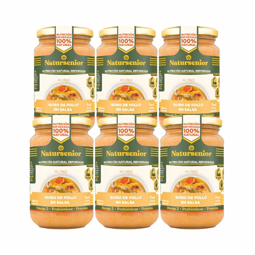 Natursenior Comida Triturada para Personas Mayores Pack Puré Guiso de Pollo en Salsa 100% Natural Omega 3 Fibra Proteína 6x340g
