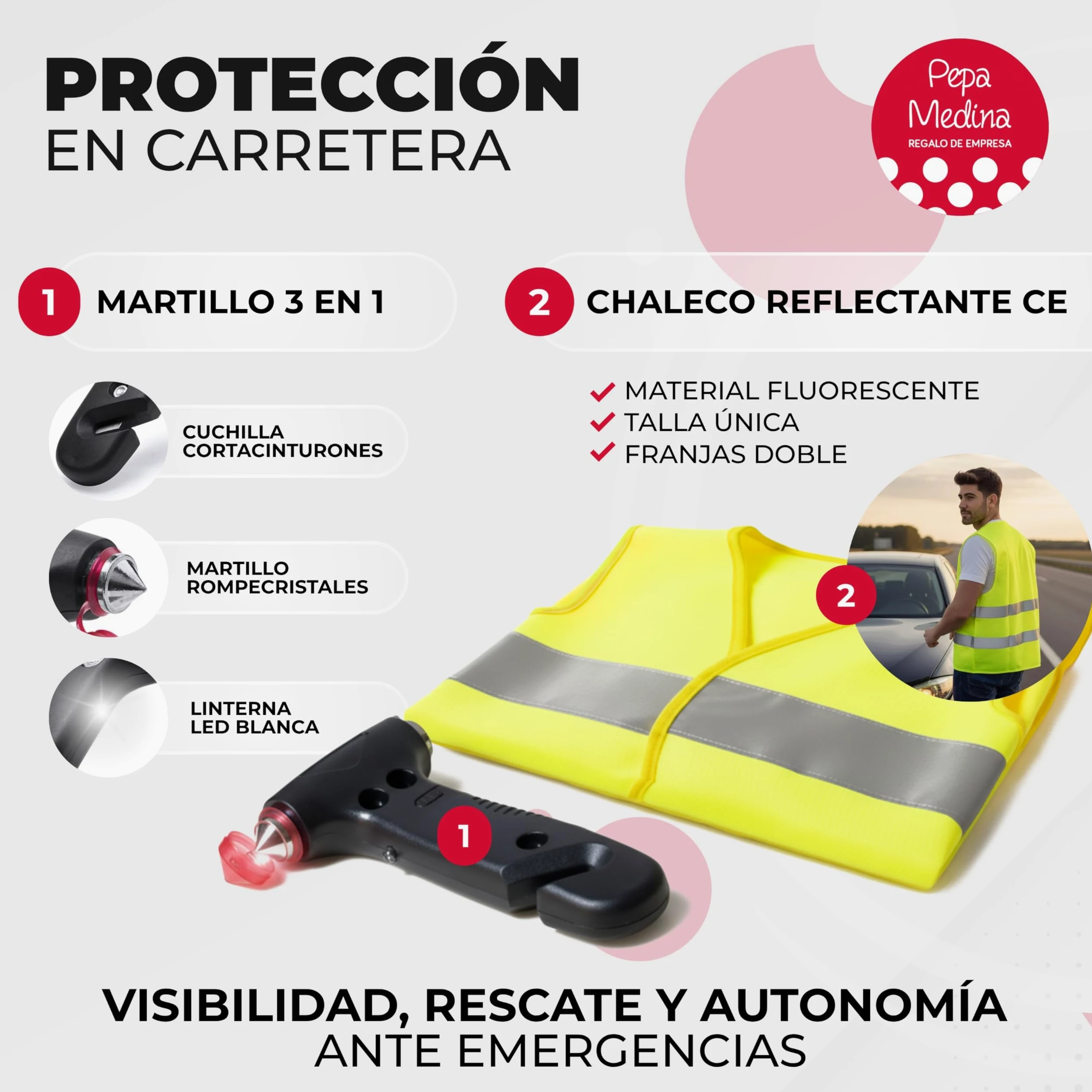 Kit Emergencia y Seguridad para Coche con Luz V16 Geolocalizada Homologada DGT 2026, Chaleco Reflectante, Martillo Multifunción, Cuchilla Cortacinturones, Linterna LED y Neceser Compacto