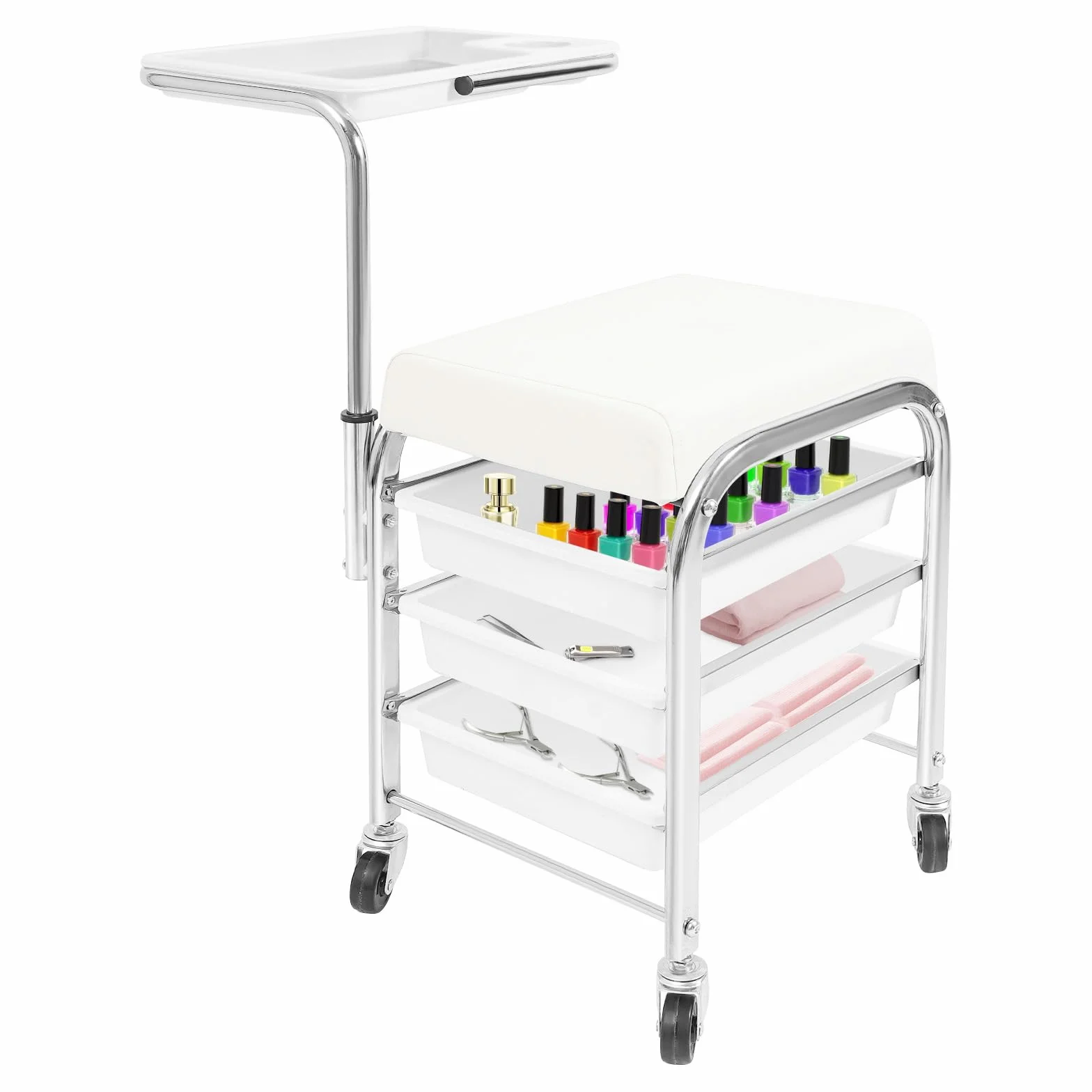 Carro de manicura regulable en altura blanco 100 kg 3 capas ruedas bandeja 20,87-30,31 pulgadas 12,2 x 14,96 x 17,32 pulgadas