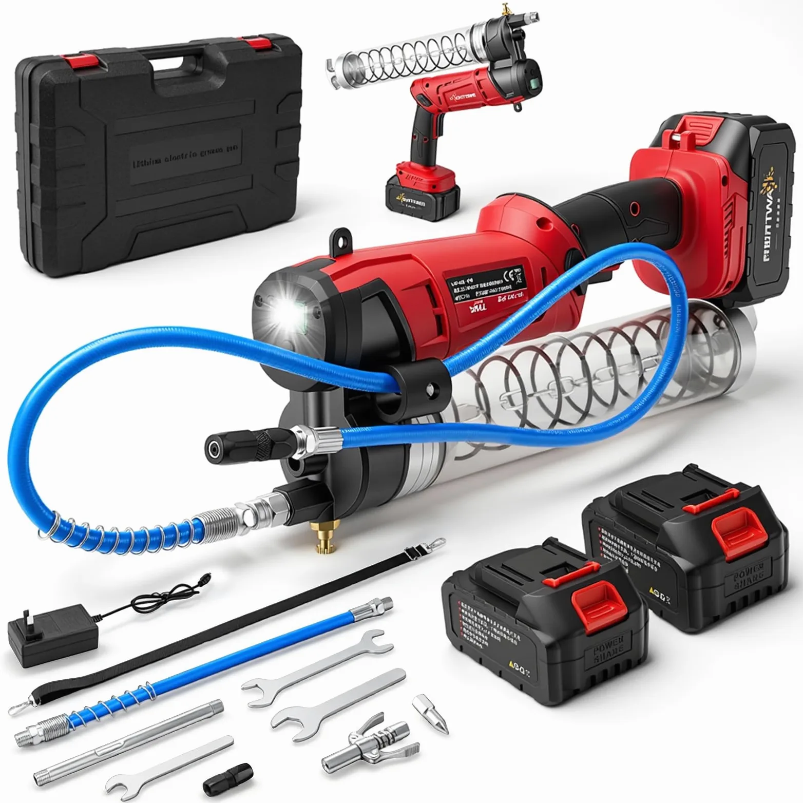 Juego de pistola de engrase con batería, 12000 psi, prensa de engrase eléctrica con 2 pilas de 4 Ah y cargador, capacidad de extracción de 5,3 oz/min, manguera e iluminación LED, desarrollada para