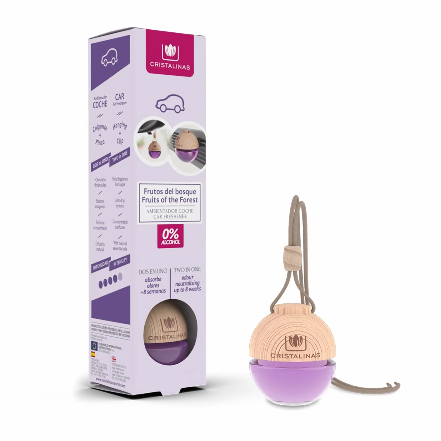 CRISTALINAS | Pack 2 Ambientadores Esfera para Coche| Aroma a Frutos del Bosque | Absorbe los Malos Olores de tu Vehículo con un agradable Aroma | Larga Duración 8 Semanas | 6 ml | 0% Alcohol