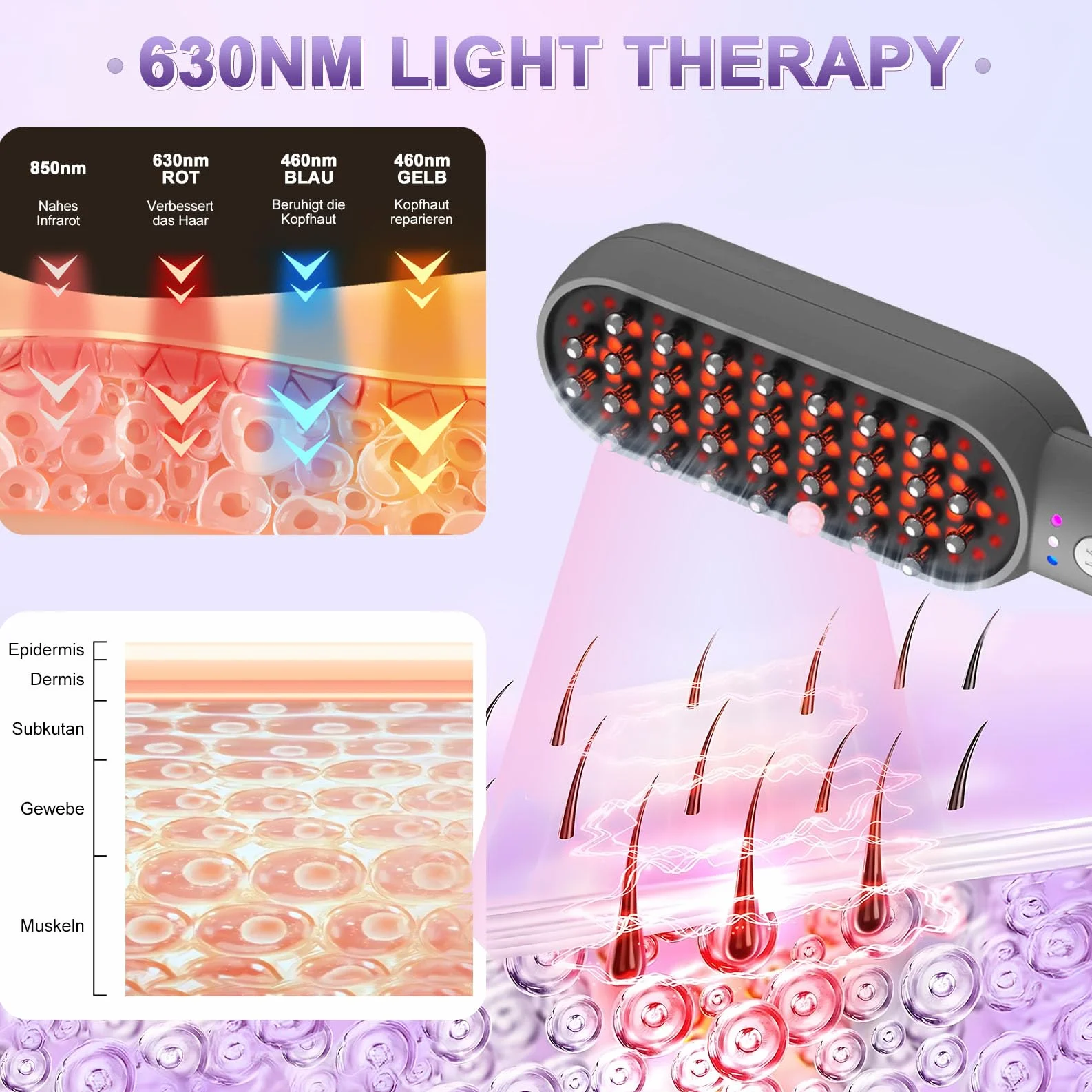 Peine de luz roja para el cabello, terapia cuádruple 630nm 850nm 460nm, anticaída hombres y mujeres