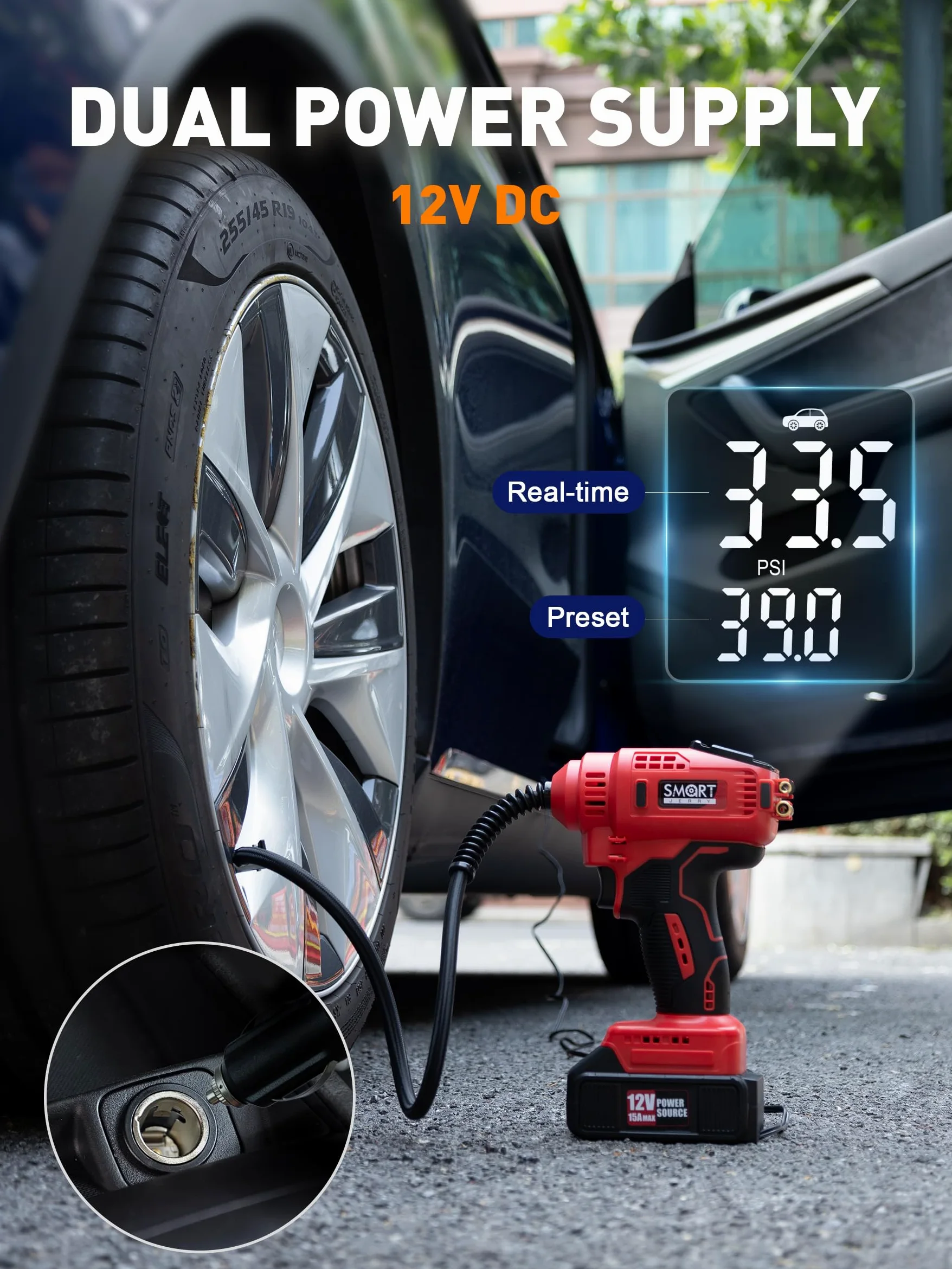 SMART JERRY - Compresor de aire portátil para neumáticos de coche, bomba de aire inalámbrica de doble potencia de 20 V/12 V con presión máxima de 150 PSI y parada automática inteligente | Inflado
