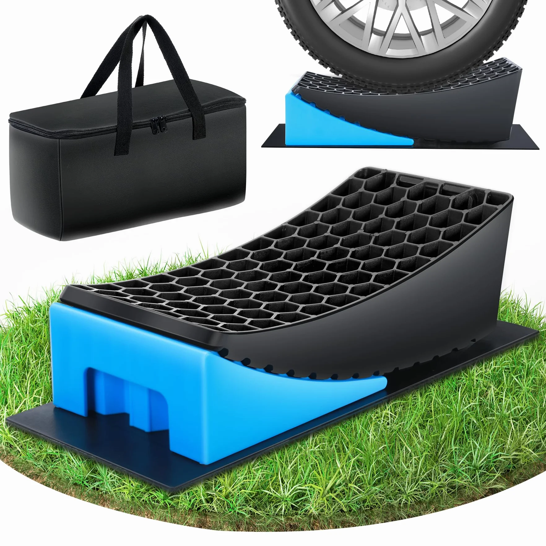 Rampas Para Coches, Calzos Autocaravana, 2 Unidades Rampa Coche, Camper Furgoneta Accesorios, Estabilizadores Camper, Máximo 5 Toneladas, Cuñas Niveladores Para Cualquier Superficie (blue)