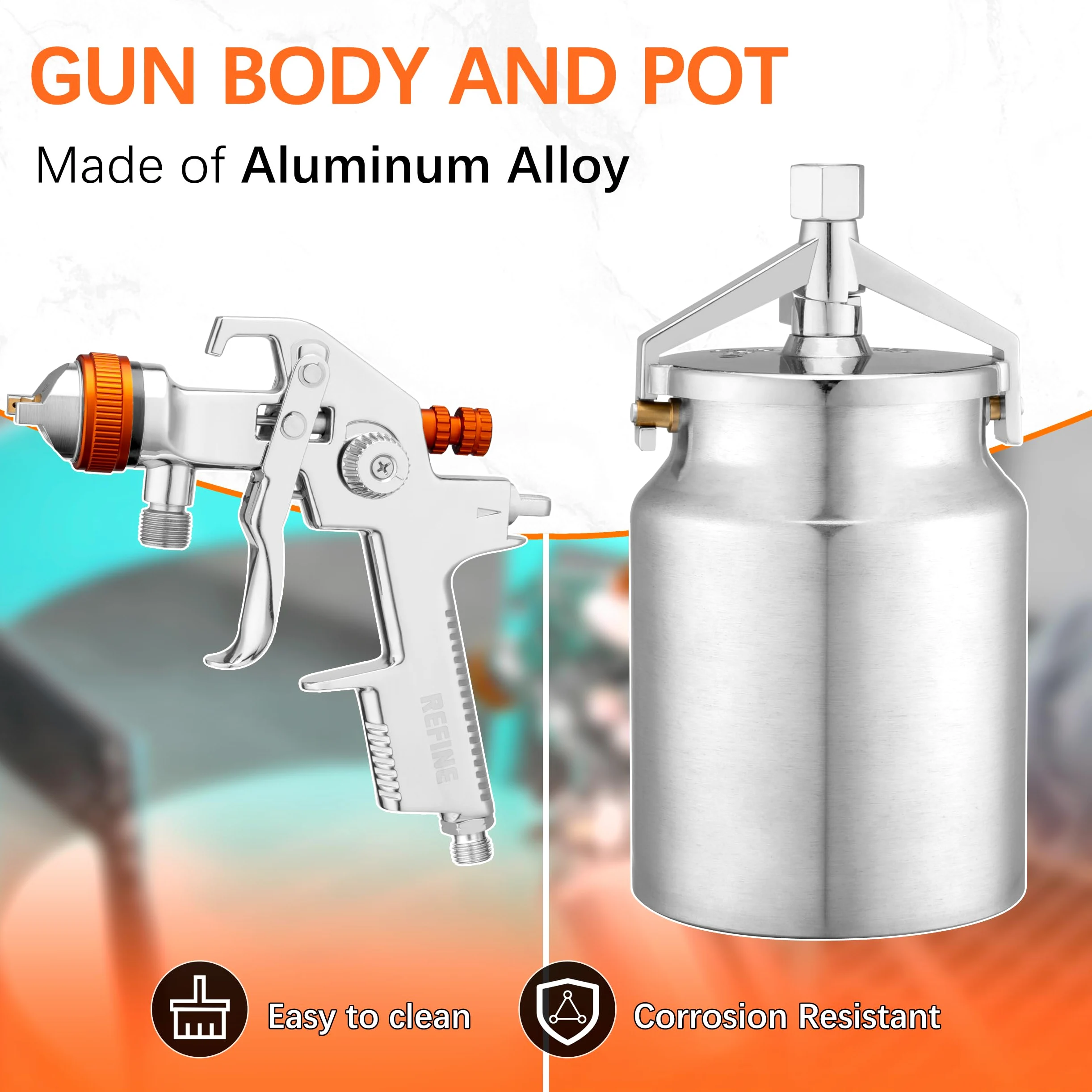 REFINE HVLP - Pistola pulverizadora de pintura de aire con sifón con juegos de boquillas de 1,7 mm y 2 mm, pistola de pintura automotriz de 1000 CC con regulador de aire, profesional para coche,